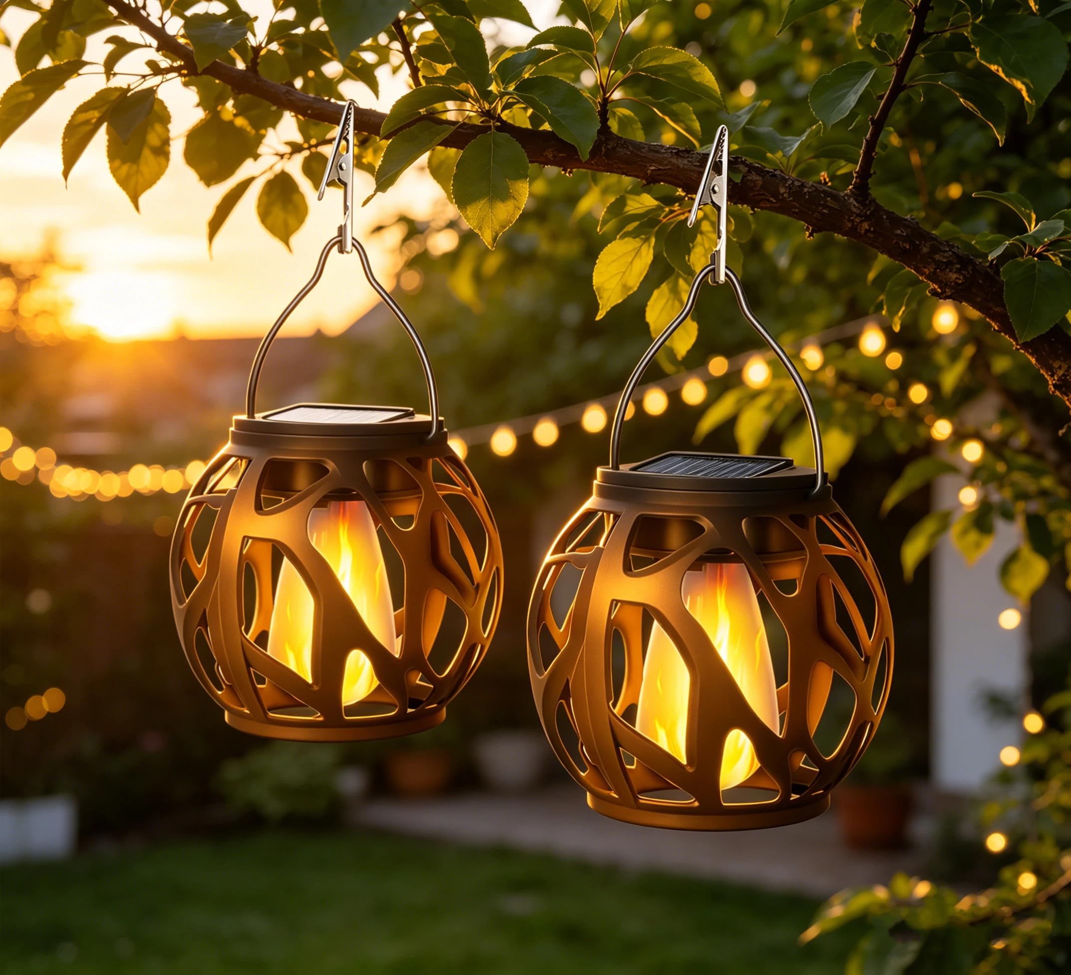 2 Pack Solar Lights Outdoor Garden, Solar Hanging Lanterns with Flickering Flame, Waterproof Hollow-Out Garden Lights, Outdoor Solar Decorative Lamps for Patio[Energy Class A]