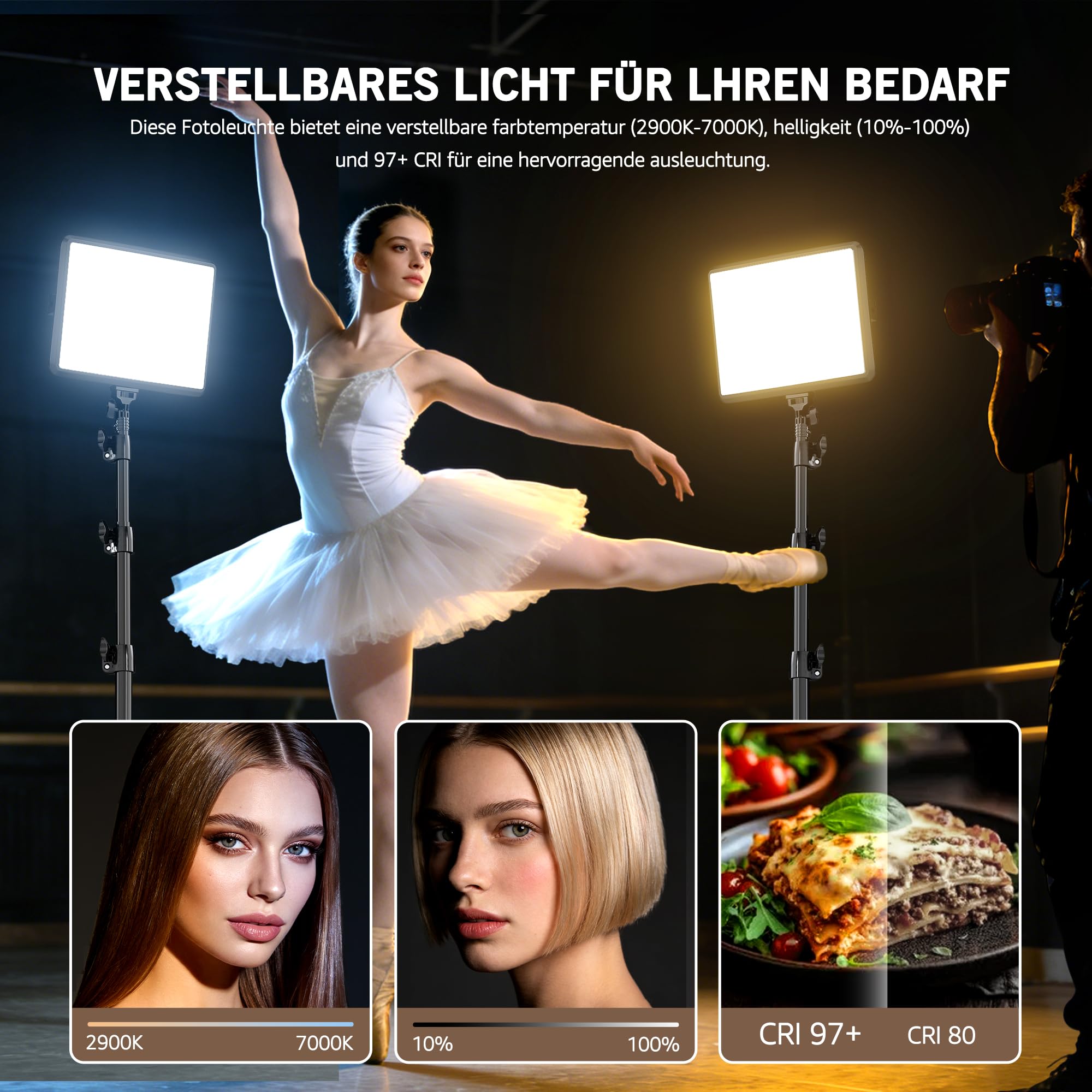Video Licht, 2-25x20 cm 25W LED Studio Fotolicht Set, Dimmbares 2800–7000K Fill-Licht für Video/Streamen von Selfies/Porträts im Innenbereich, 185cm Kamera Licht mit Stativ & Adapter，CRI>97 (25W)