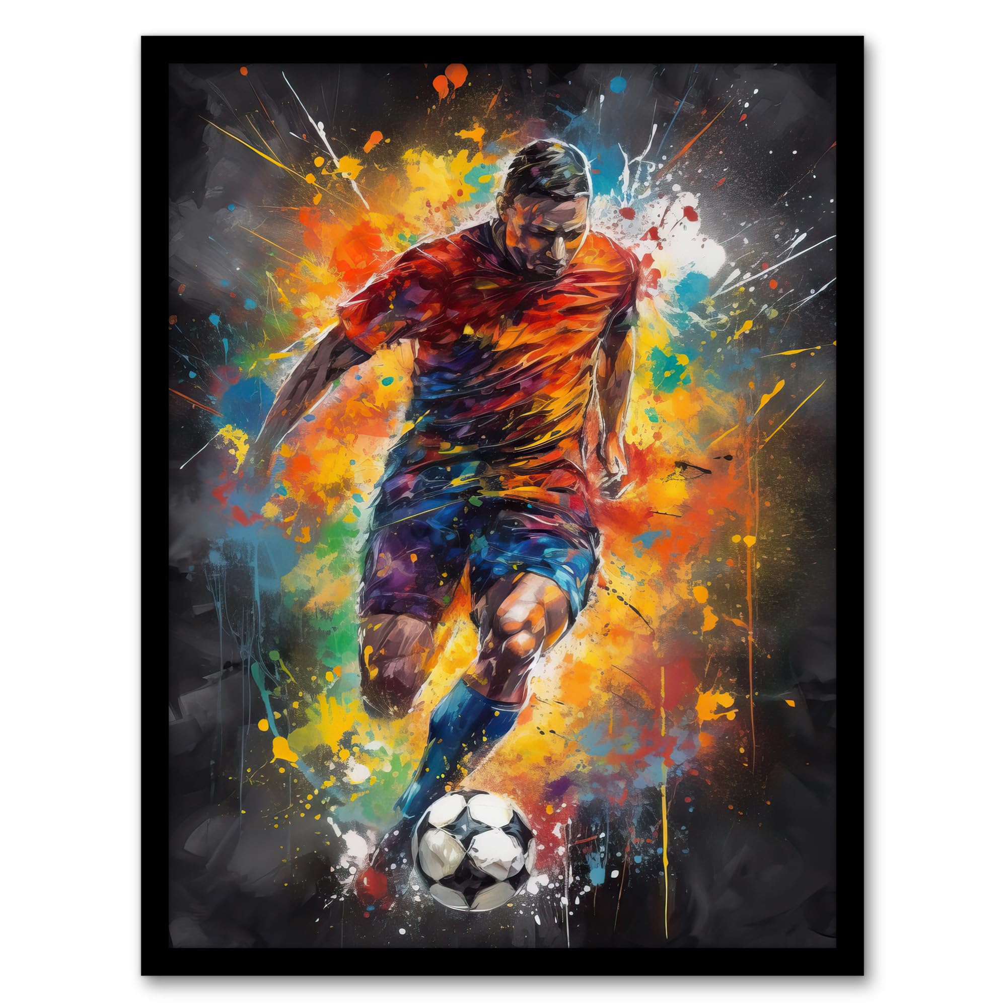Artery8 Football Striker Colourful Artwork Boys Bedroom Gift For Him Fan Man Cave Artwork Framed Wall Art Print A4