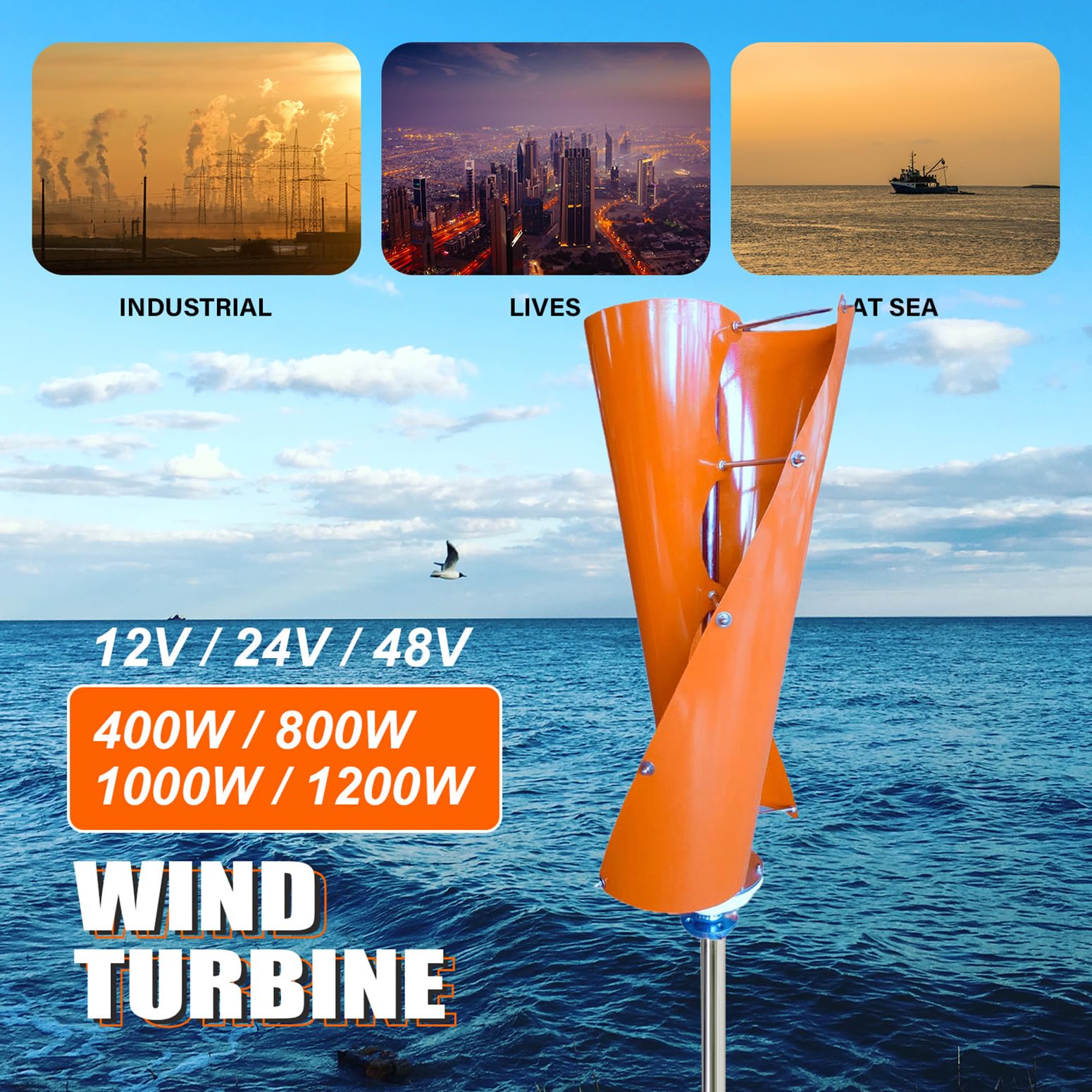 400 W / 800 W / 1000 W / 1200 W Domowa lewitacja magnetyczna Turbina wiatrowa 12 V / 24 V / 48 V z pilotem i 2 łopatkami pomarańczowymi, generatory z czystej miedzi, 1200w, 24 V
