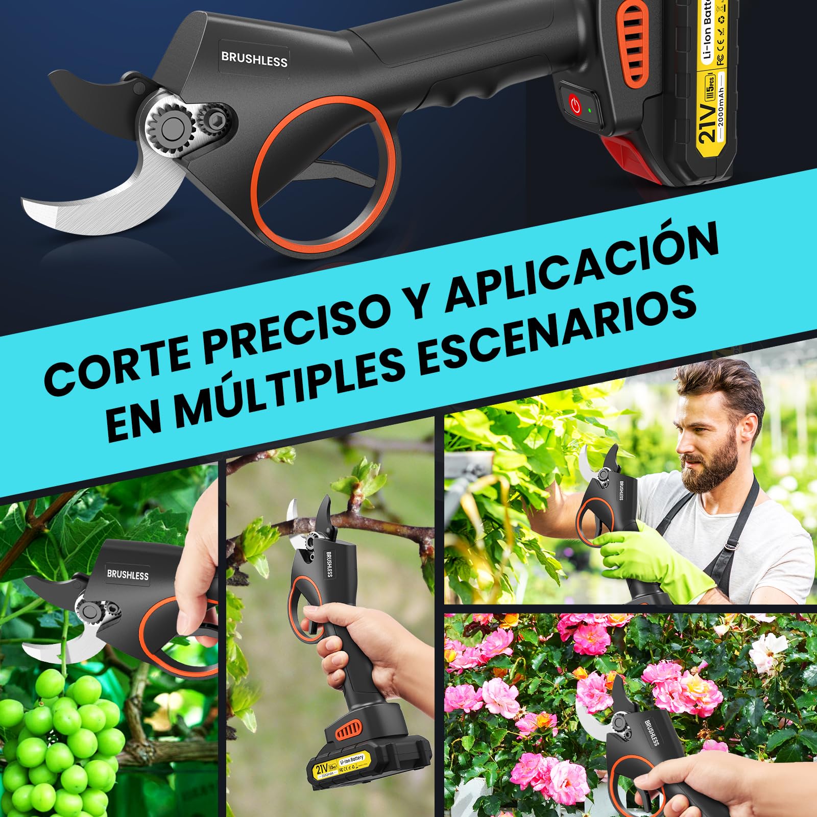 Tijeras de Podar Electricas,33-35mm Potentes Tijeras de Podar con 2 x 2000mAh Baterías, 800W Larga Duración, Silenciosa,Podadoras Profesionales sin Escobillas para Jardinería,árboles Frutales,Viñedos