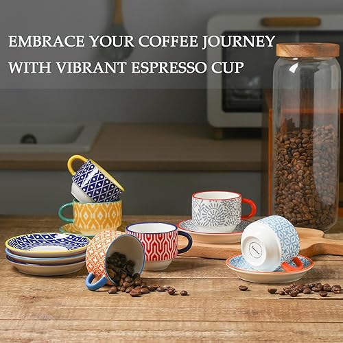 Miniatura 7 de Selamica Tazas de café expreso de cerámica con platillos, tazas apilables de capuchino de porcelana de 2.5 onzas con soporte de metal, tazas