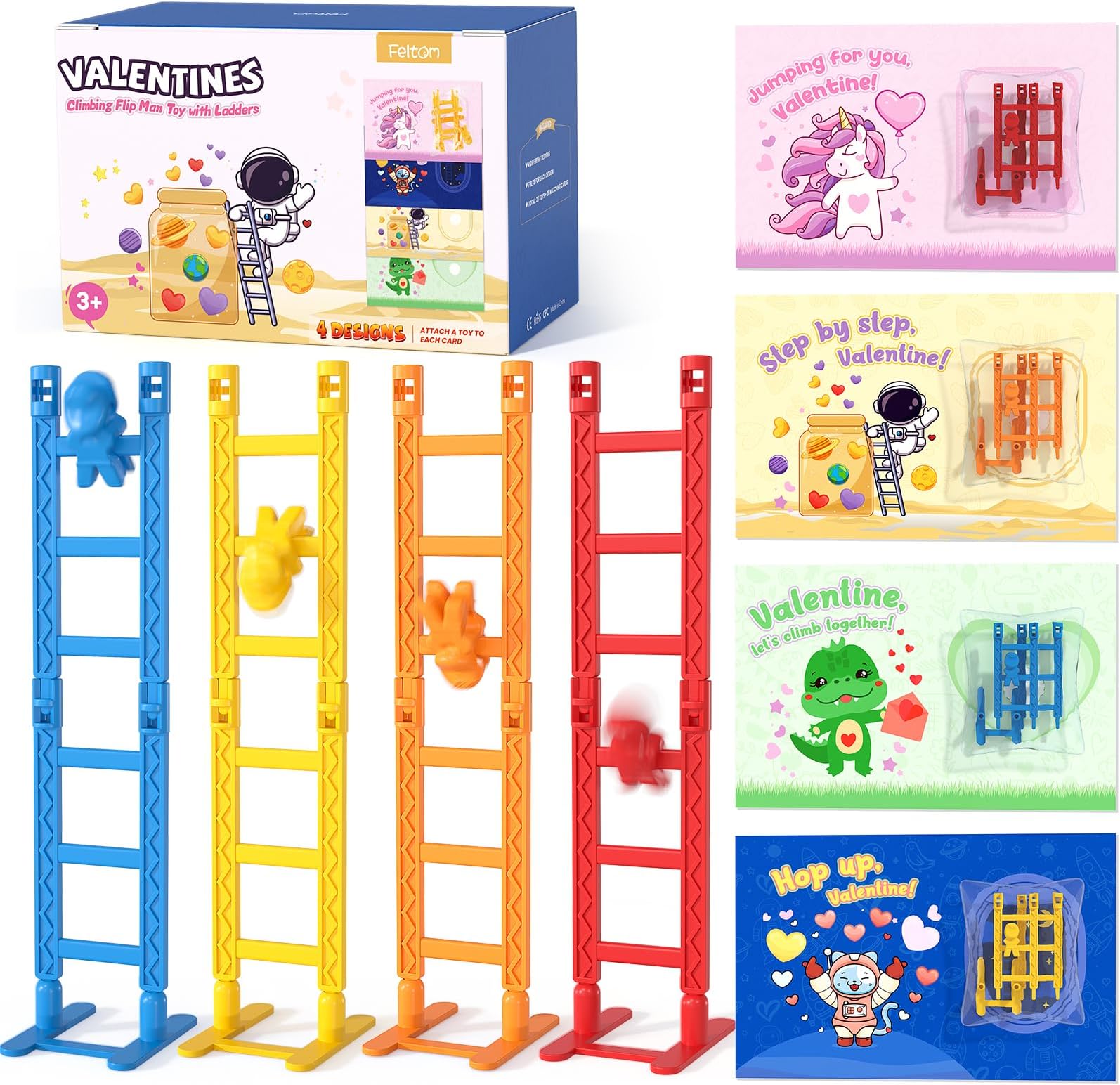 Feltom 28 Pack Valentine Gifts for Kids, Valentine Flip Ladder Toys with Cards for Kids Classroom Exchange, Fun Tumbling Man Stair Toys with 28 Valentine Cards & Stickers, School Party Favors