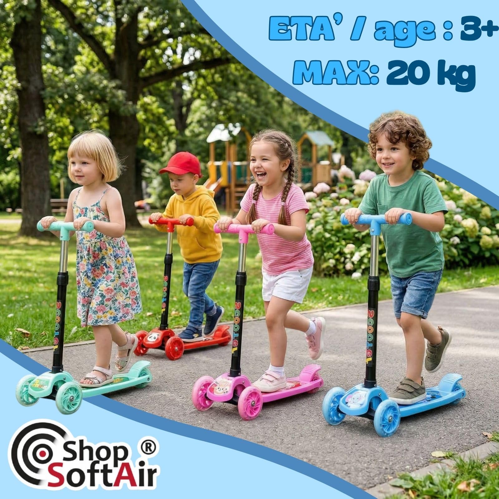 Monopattino 3 Ruote per Bambini 3+, Manubrio Regolabile in 4 Altezze, Ruote LED, 4 Colori, Max 20 kg