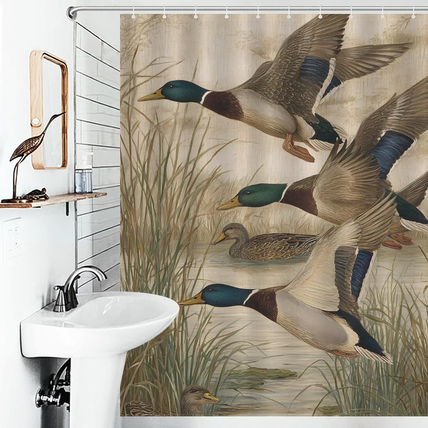 Duck Hunting Mallards Flying Reeds Fabric Shower Curtain Liner Bath Bathroom