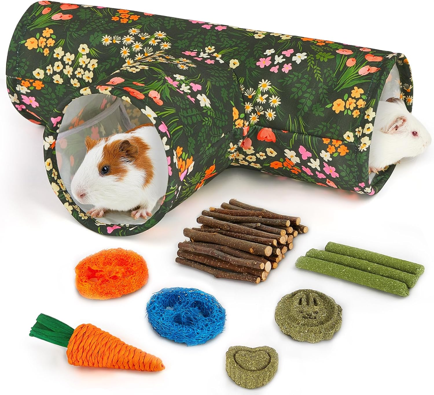 Guinea Pig Tunnel, Collapsible 3 Way Guinea Pigs Hideout Washable Rabbit Tunnel with Chew Toys Rabbit Toys for Guinea Pig Cage Accessories