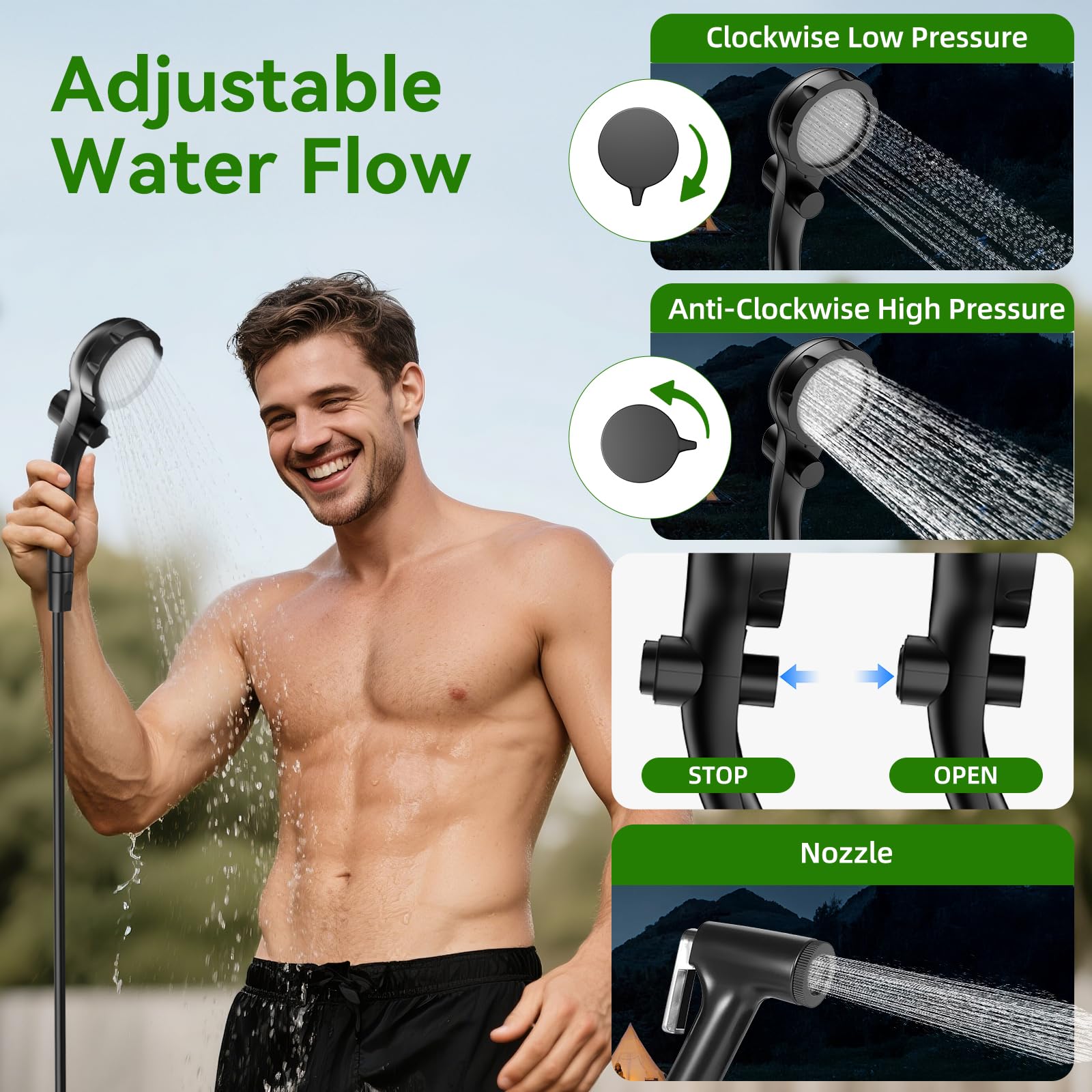 InkTrail Doccia portatile di campeggio con riscaldatore, 6000mAh | Doccia da campeggio a lunga durata con soffione spruzzatore, 4 modalità di spruzzo, impermeabile IPX7