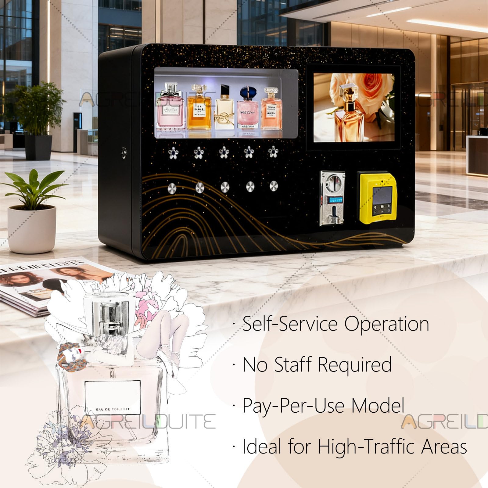 Distributore automatico di profumo con touchscreen e pagamenti di monete/carte, distributore automatico di profumo per uso commerciale in hotel, centri commerciali, palestre