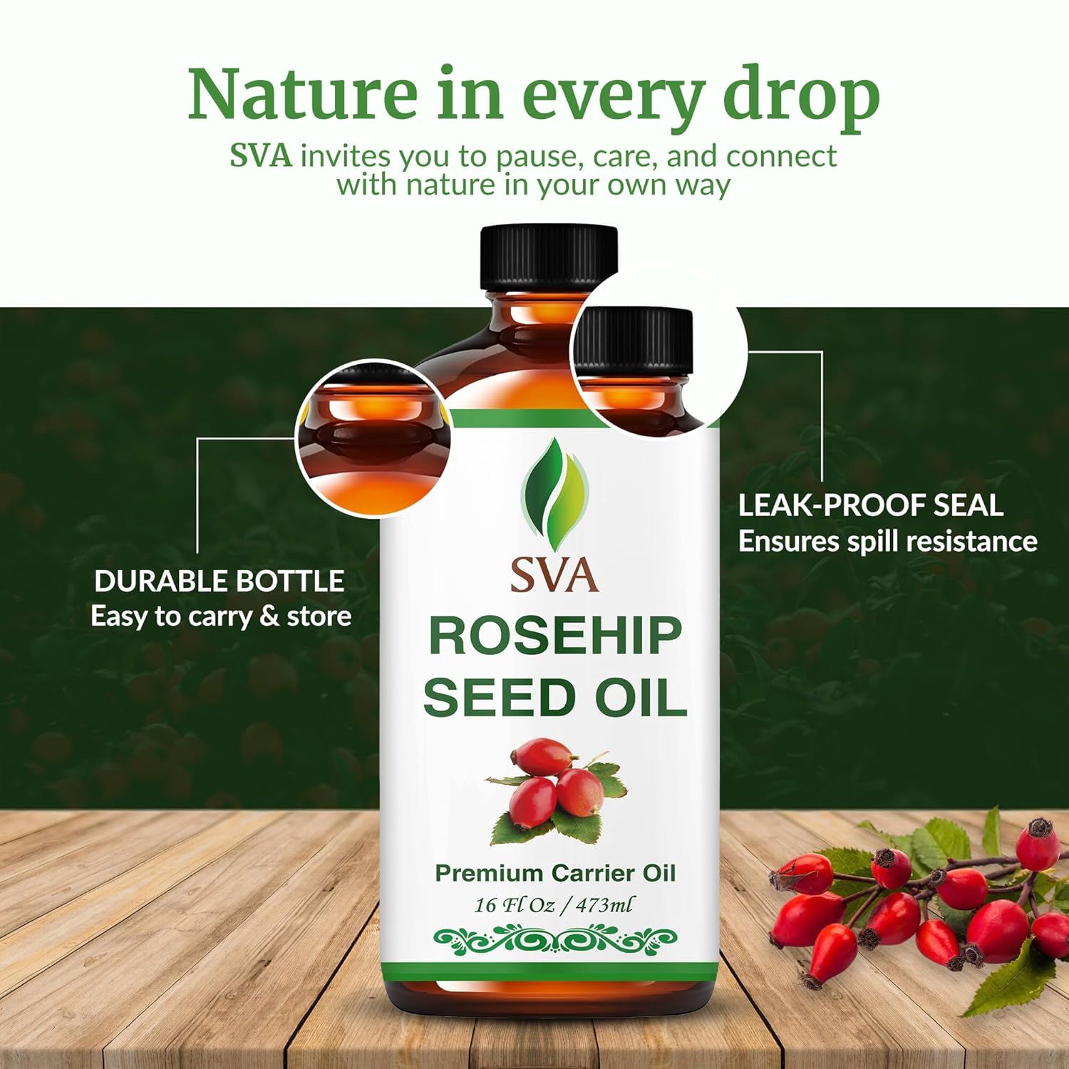 SVA Rosehip Seed Oil - 16 Fl Oz – 100% Natural & Cold Pressed - for Face, Skin Care, Hair Care, Scalp Massage & Body Massage – Carrier Oil with Dropper