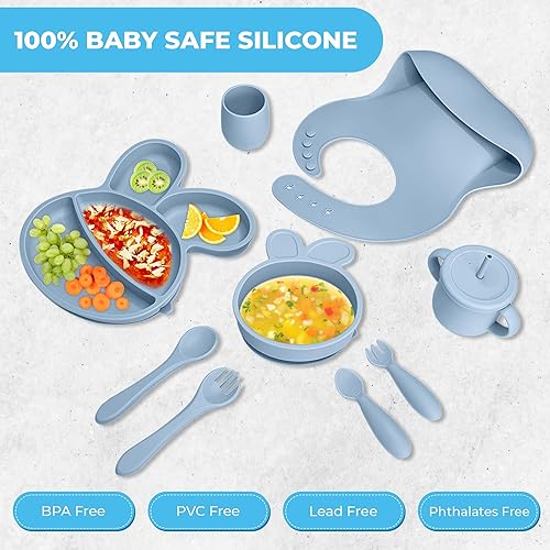 Miniatura 7 de Juego de alimentación de silicona para bebés, 9 piezas, juego de platos para bebés pequeños, utensilios sólidos para bebés de primera etapa. Más de