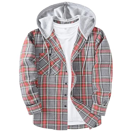 ZITY Men's Flannel Hoodie Shirts Casual Button Down Plaid Shirt Jackets for Men Long Sleeve Stylish Hooded with Pocket