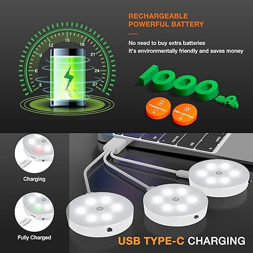 Miniatura 5 de Luces de disco con control remoto, iluminación recargable de 1000 mAh para debajo del gabinete, luces LED de armario, paquete de 3 luces nocturnas,