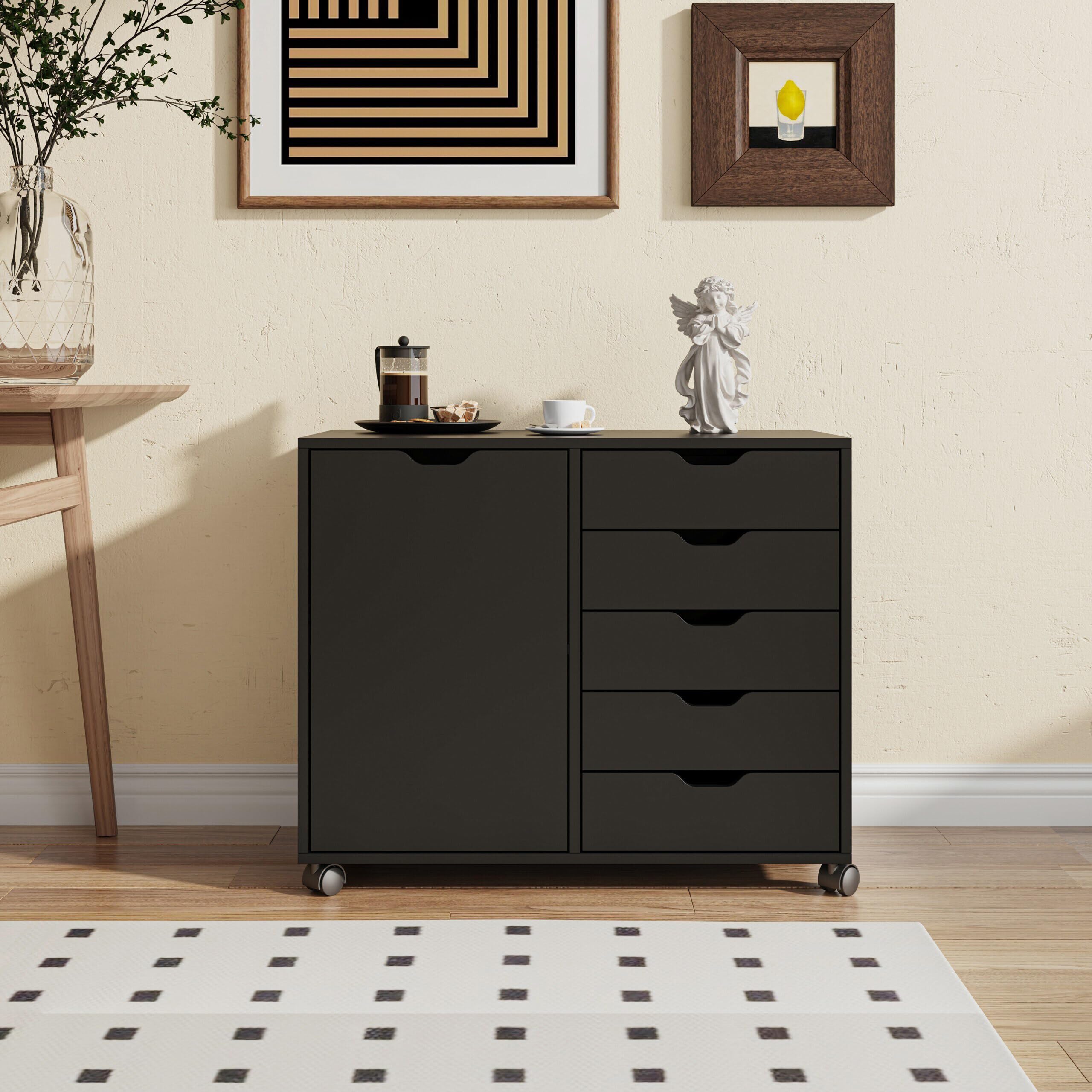 Contenitore con rotelle Relaxdays, 5 cassetti e 2 Scomparti, HLP: 65x78x40 cm, armadietto da Ufficio Mobile, Nero