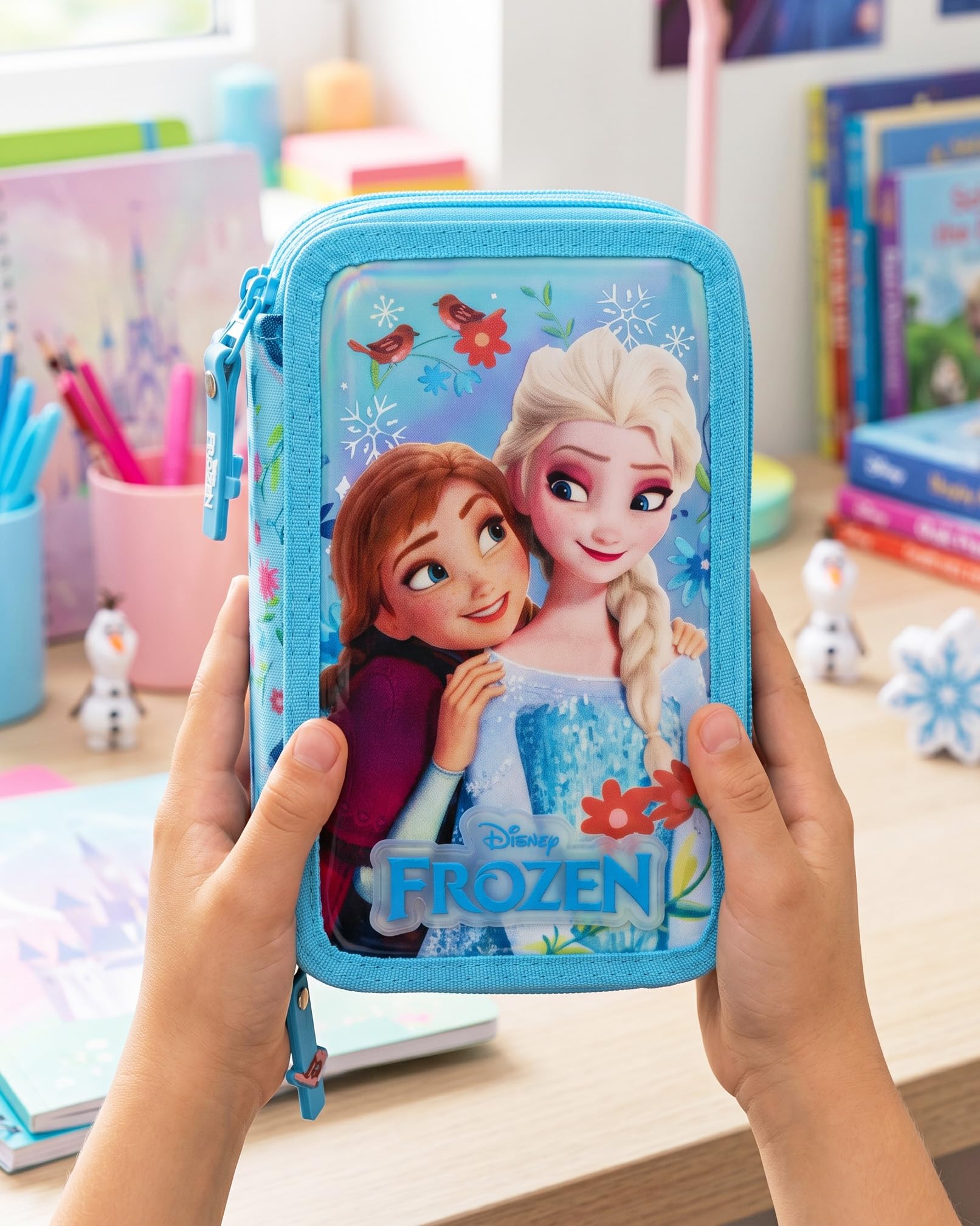 3-Fach Federmäppchen Mädchen Gefüllt für Die Eiskönigin Frozen Fan – Schulmäppchen Set 46 Teile mit Radierbaren Stiften, Filzstiften, Buntstiften – ideal für Schule & als Geschenk 6-12 Jahre