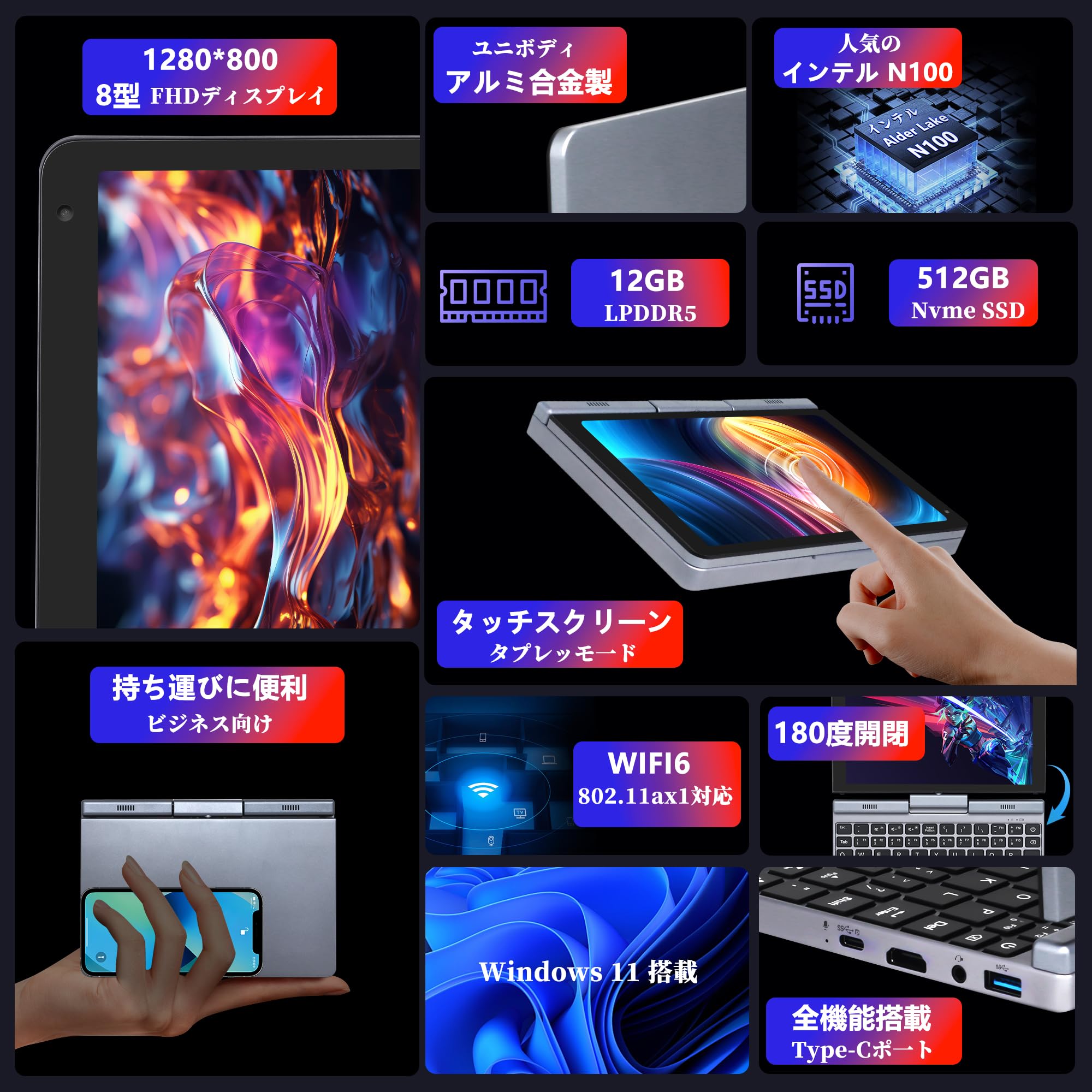 Amazon.co.jp: 2in1ノートパソコン ミニPC 8.0インチ第12世代 N95/DDR5
