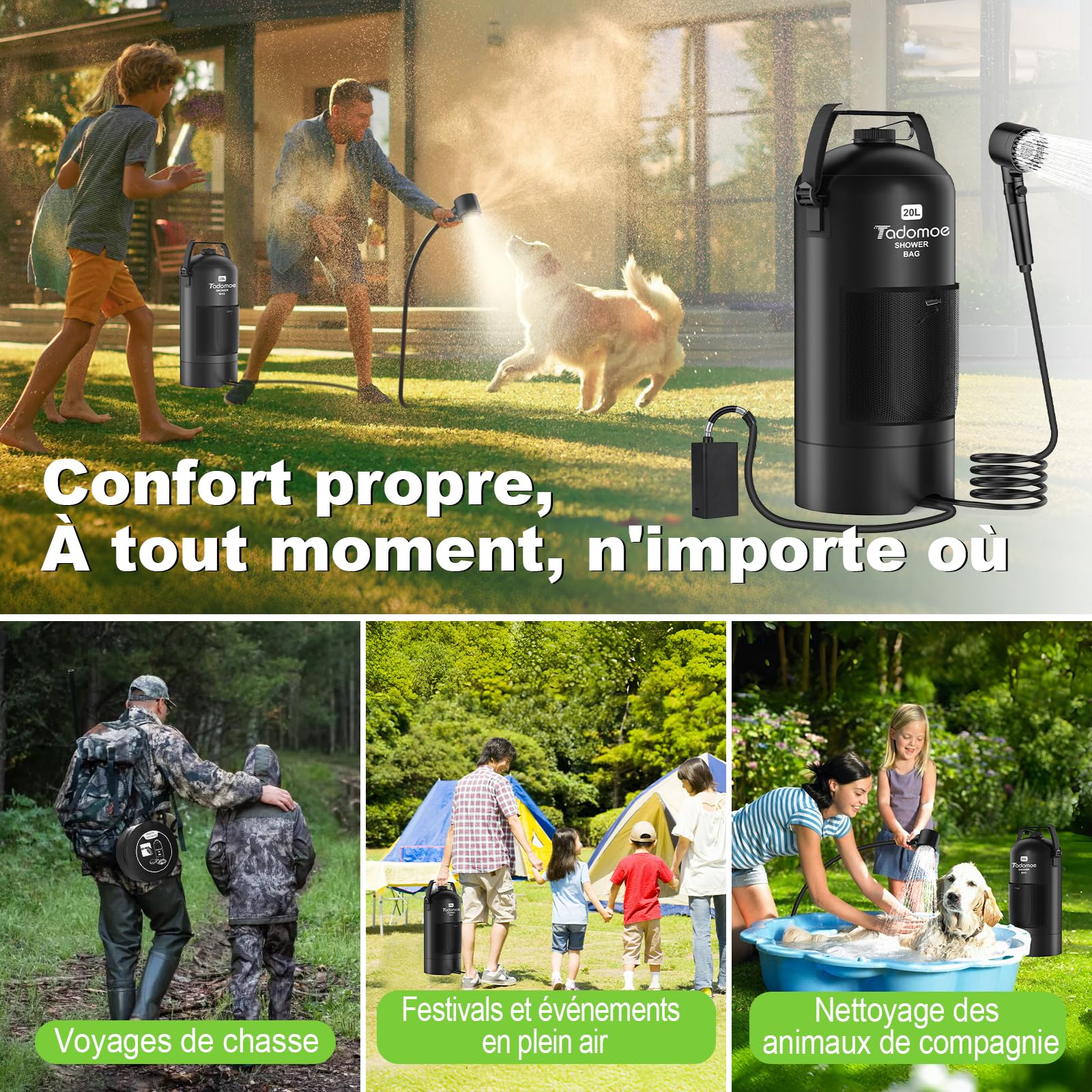 20l Douche Solaire Camping avec Pompe, 2000mAh Douche Portable Chauffante avec Sac et buse pour extérieur Camping, Randonnée et Car