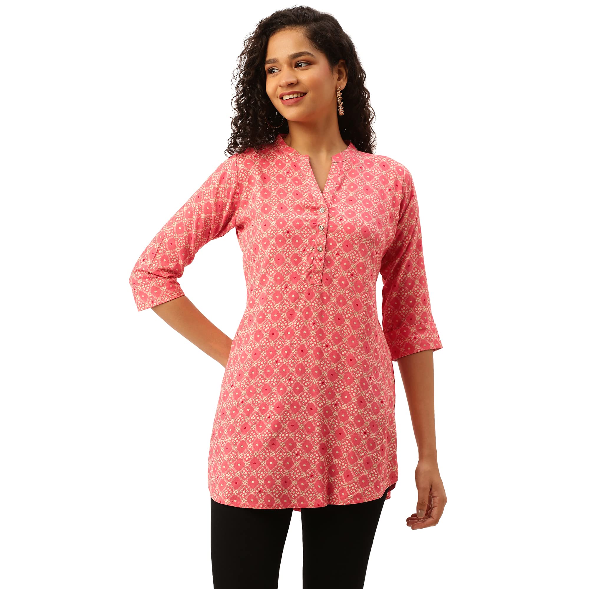 ZOLAZOLA Exclusive Mandarin Collar Rayon All Over Bandhani Print Straight Short Kurti for Women