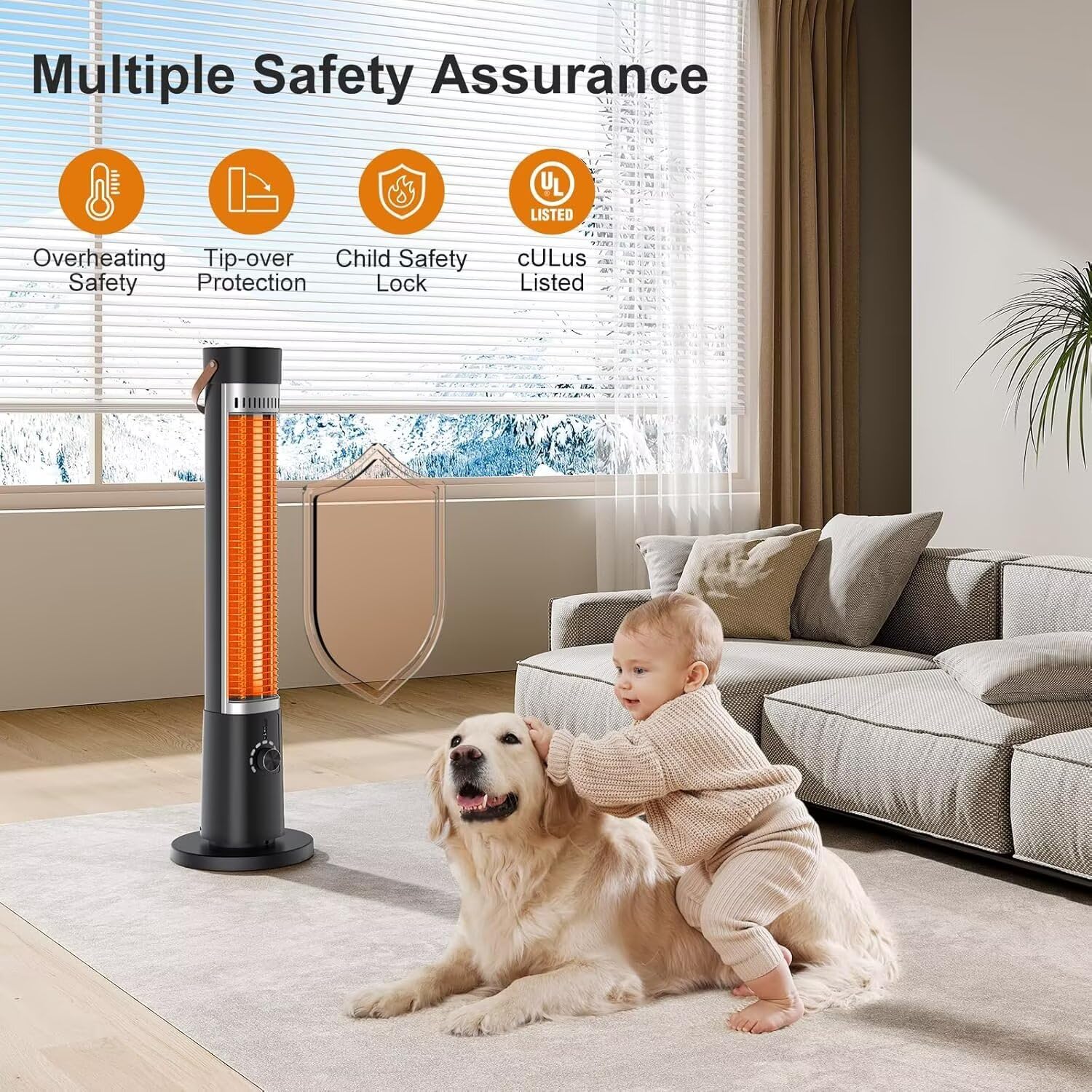 Riscaldatore elettrico da cortile, timer 9H, oscillazione a 60°, riscaldatore portatile per esterni, 9 livelli di calore, protezione da ribaltamento/surriscaldamento, blocco di sicurezza