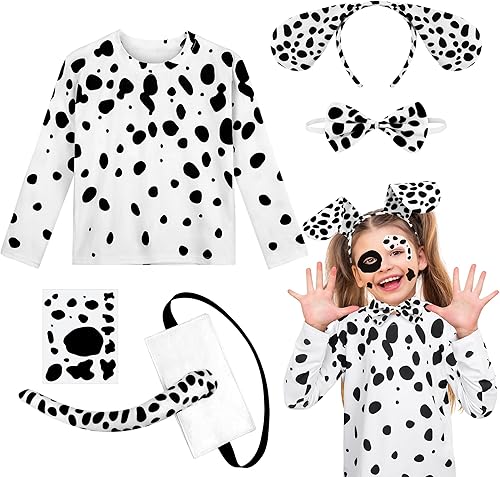 SOMSOC Juego de 5 piezas de disfraz de perro dálmata para niñas de 100 días camiseta dálmata con diadema y lazo para cola