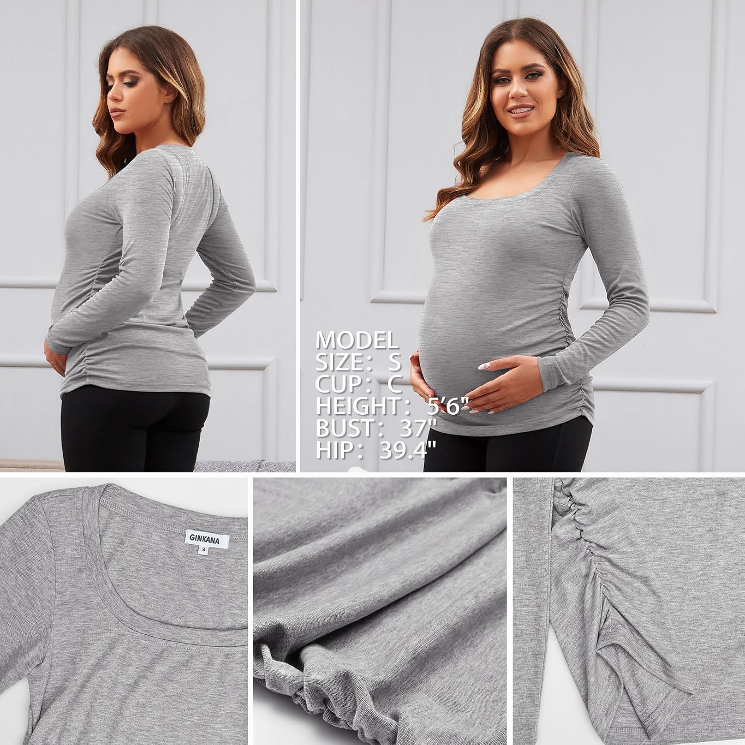GINKANA Women's Maternity Shirts Long Sleeve Classic Side Ruched Tee Top Ribbed Knit Pregnancy Tees