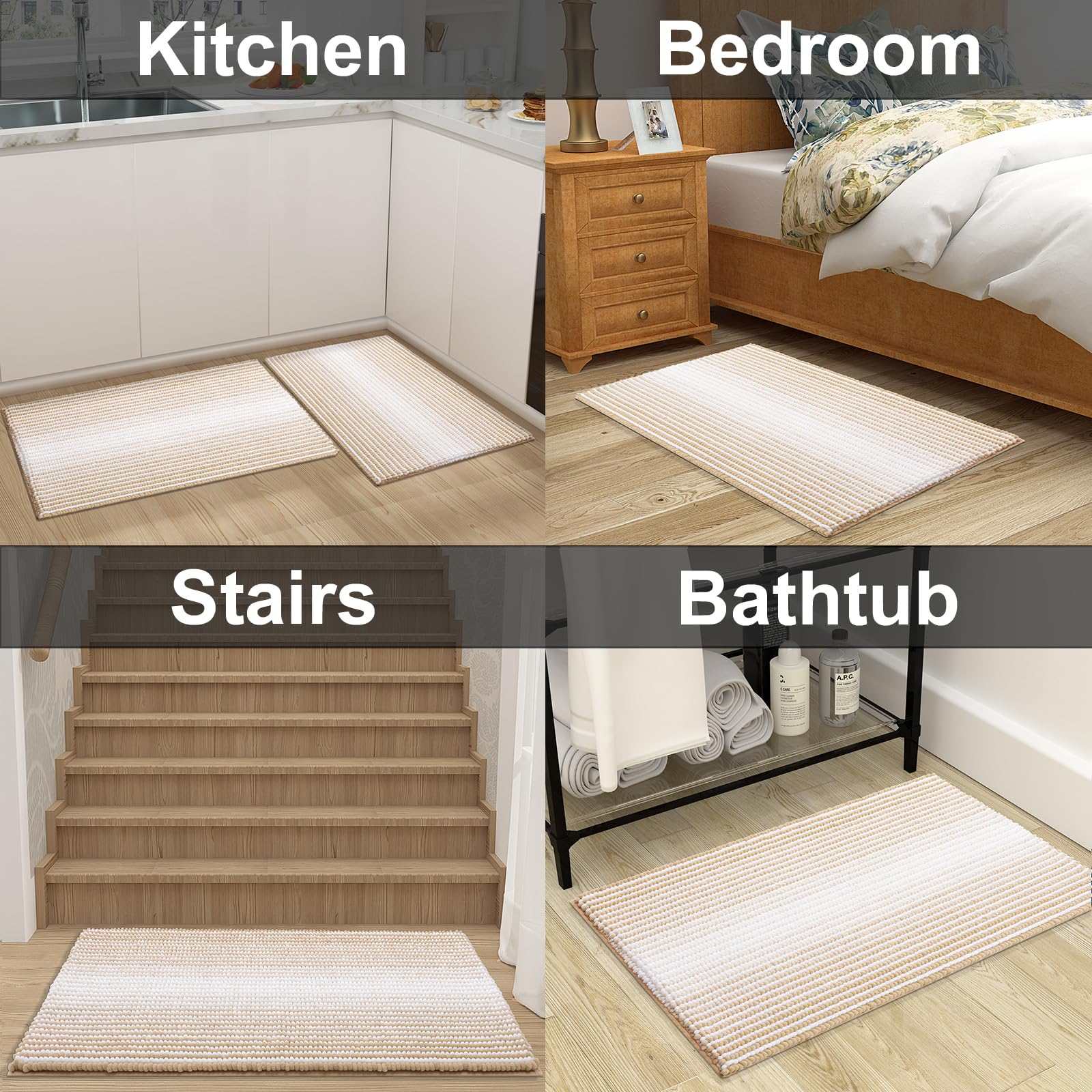 OLANLY Alfombra de baño de chenilla, suave, absorbente, antideslizante, microfibra, lavable, para baño, 60 x 120 cm, color beige