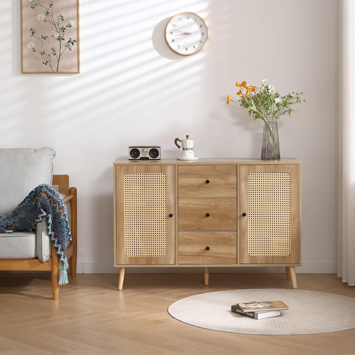 ラタン調キャビネット サイドボード 収納チェスト 大容量 引き出し付き