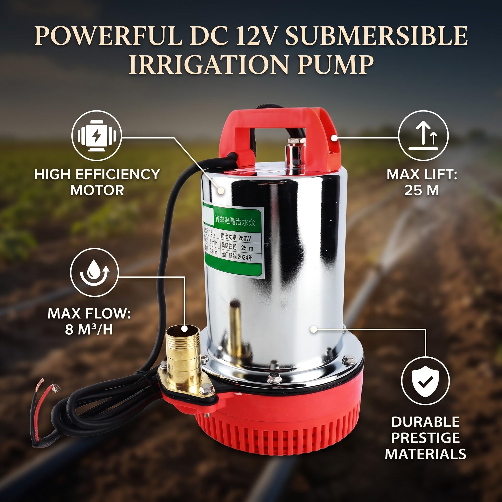 Jeffergarden Pompa Sommergibile DC 12V Uso in Giardino | Pompa per Pozzi Profondi, In Materiale Di Rame, Alta Efficienza, Da 280 W, Per Irrigazione Agricola