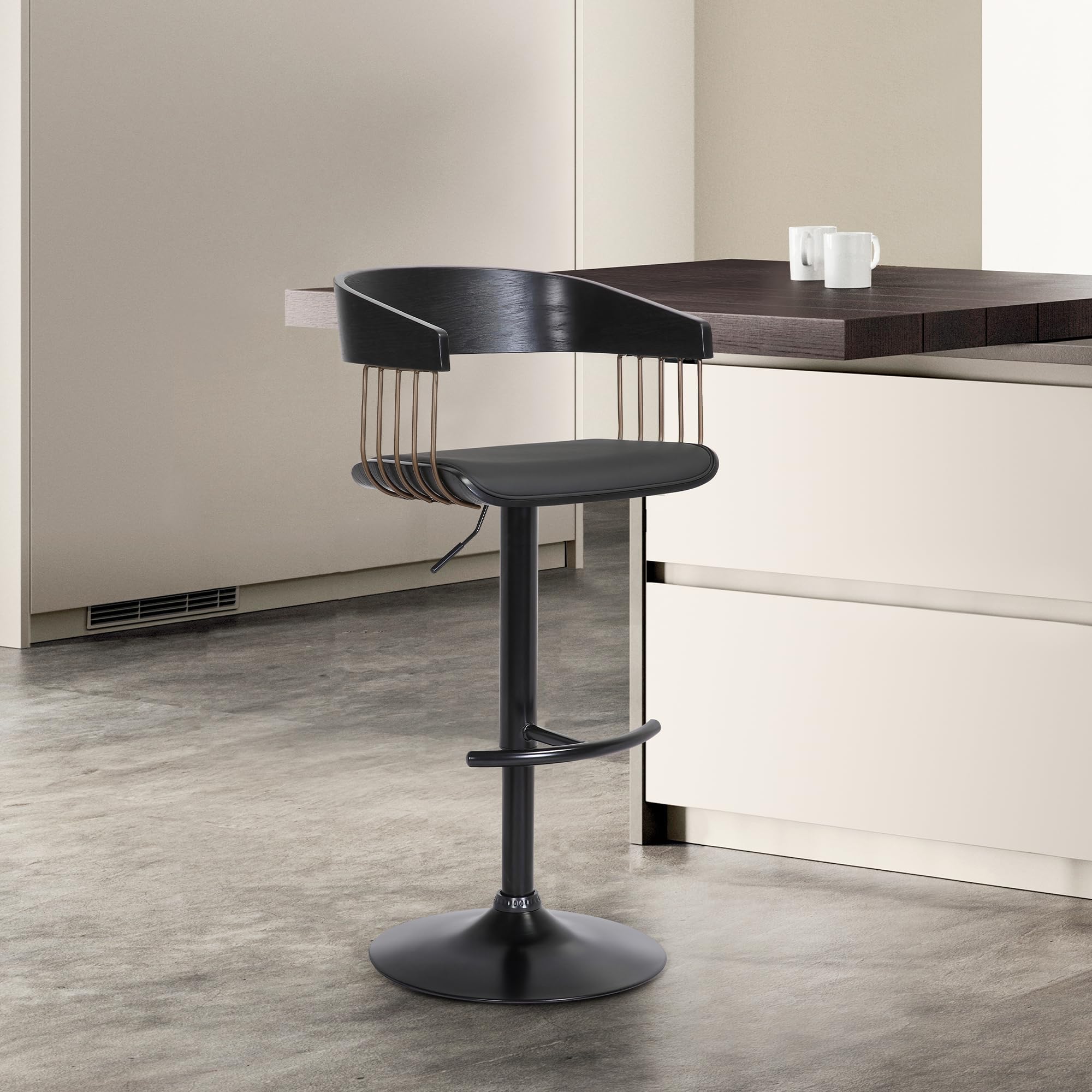 Photo 1 of ****RETAIL FOR 1 PCS $150*****Larisa Adjustable Black Wood Bar Stool in Black Faux Leather with Golden Bronze and Black Metal - 1PCS