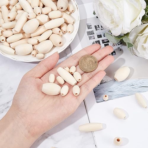 Miniatura 3 de OLYCRAFT 210 cuentas ovaladas de madera natural, cuentas de madera natural de tamaño mixto, cuentas de barril de madera sin terminar, cuentas