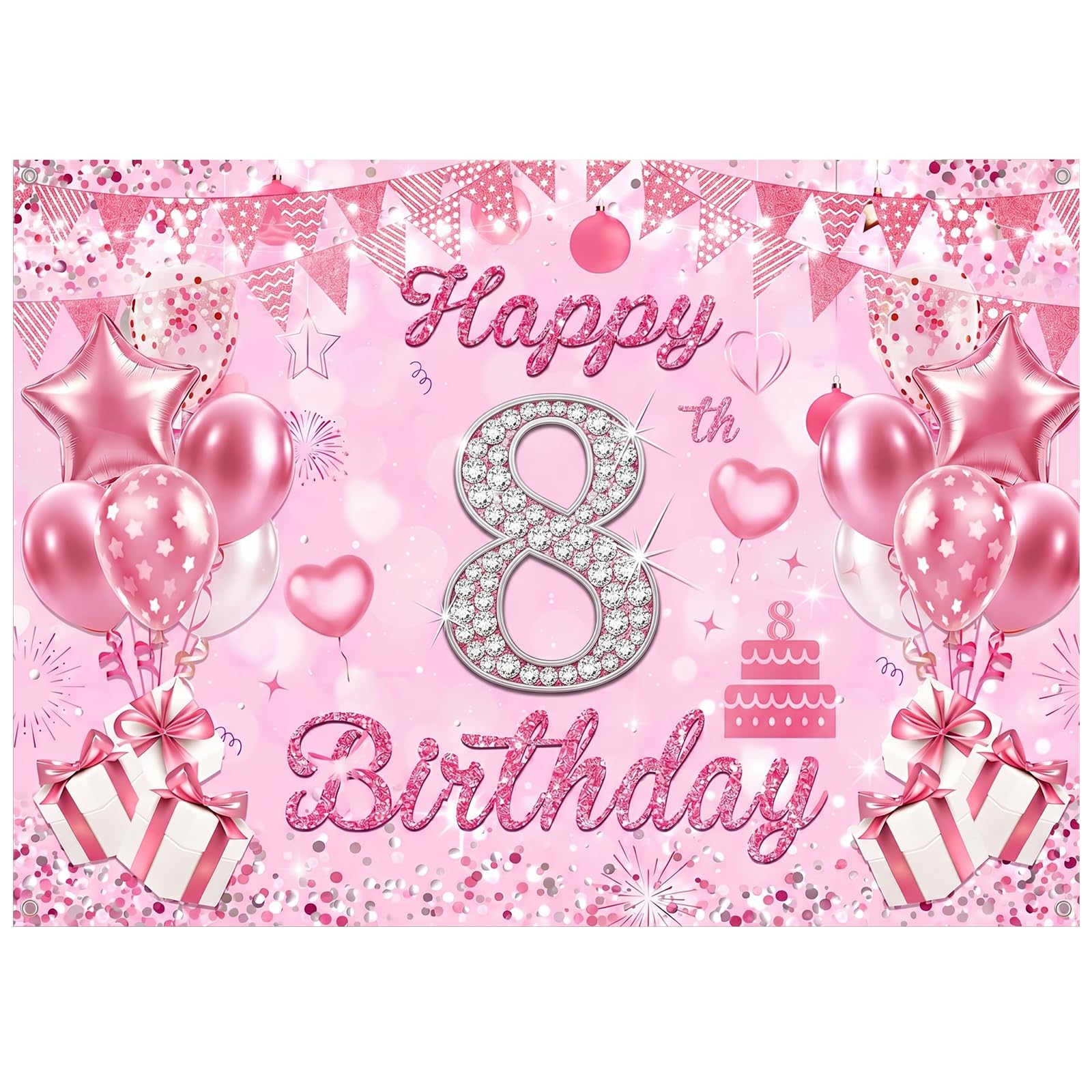 Shensuii 8th Birthday Decorations Banner Backdrop for Girl Pink 150x100cm