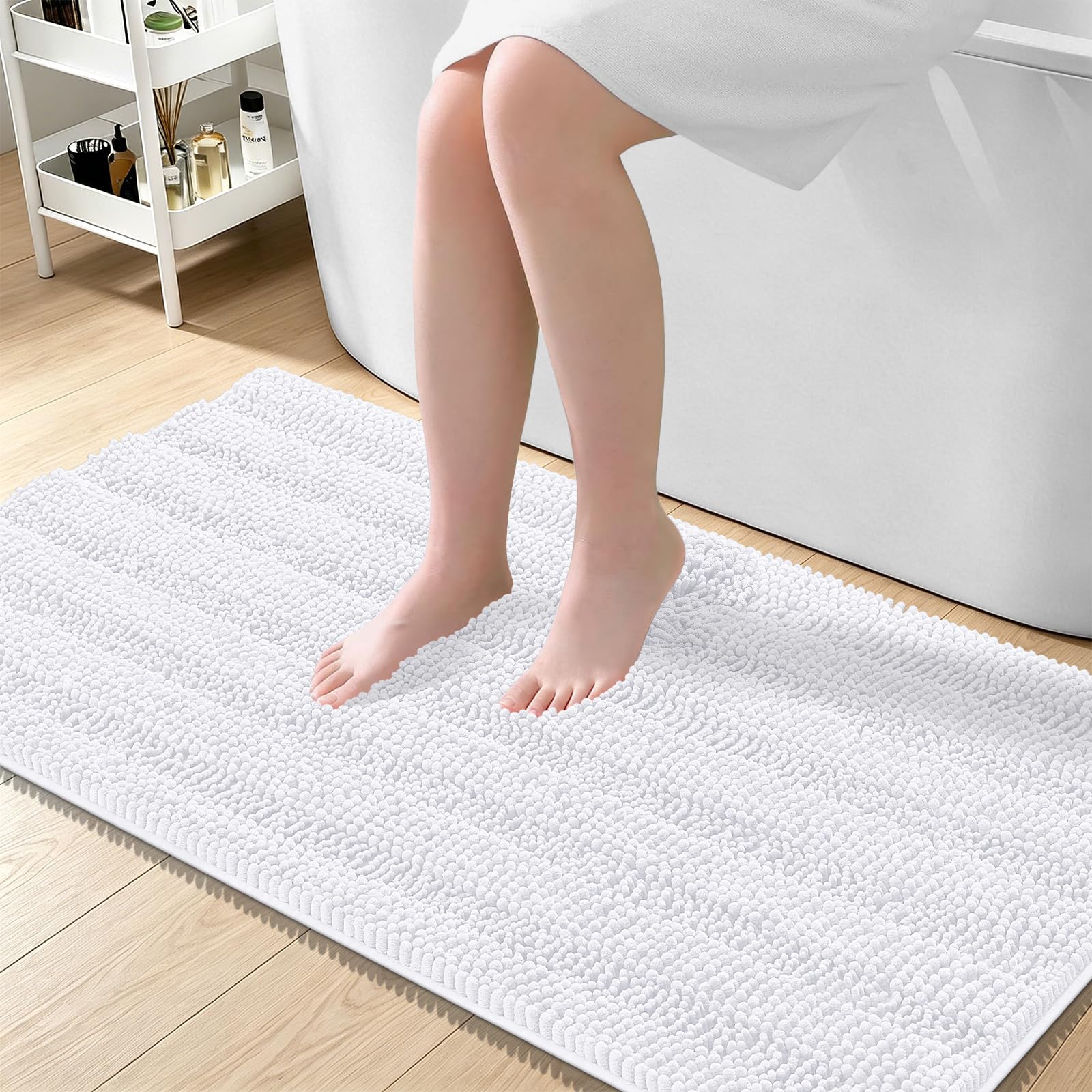OLANLY Thick Large Bathroom Rugs 45x27, Soft Chenille Bath Rugs, White