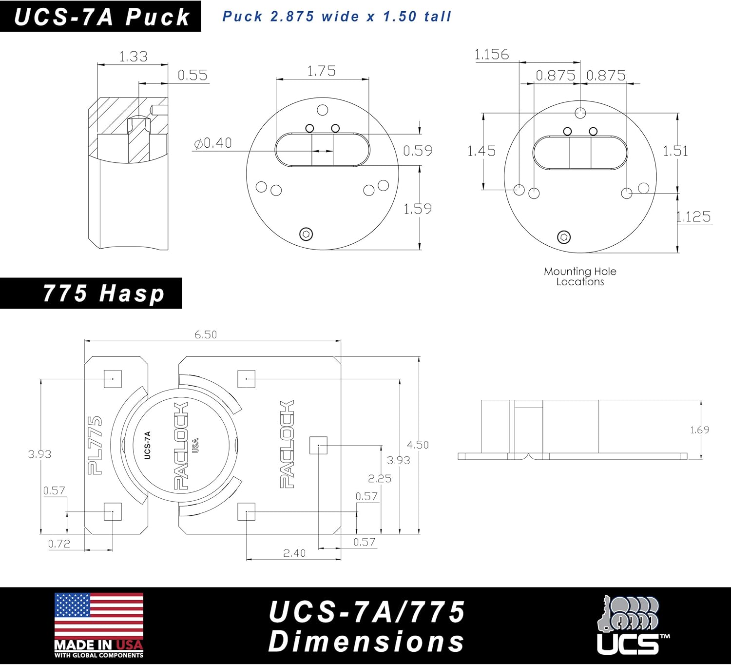 PACLOCK's UCS-7A/775 Hasp and Puck Combo Kit, High Performance 6-Pin Cylinder, One Lock Keyed to a Number U-Pick! w/ 2 Keys, Blue Anod. Puck, Double Coated White Hasp