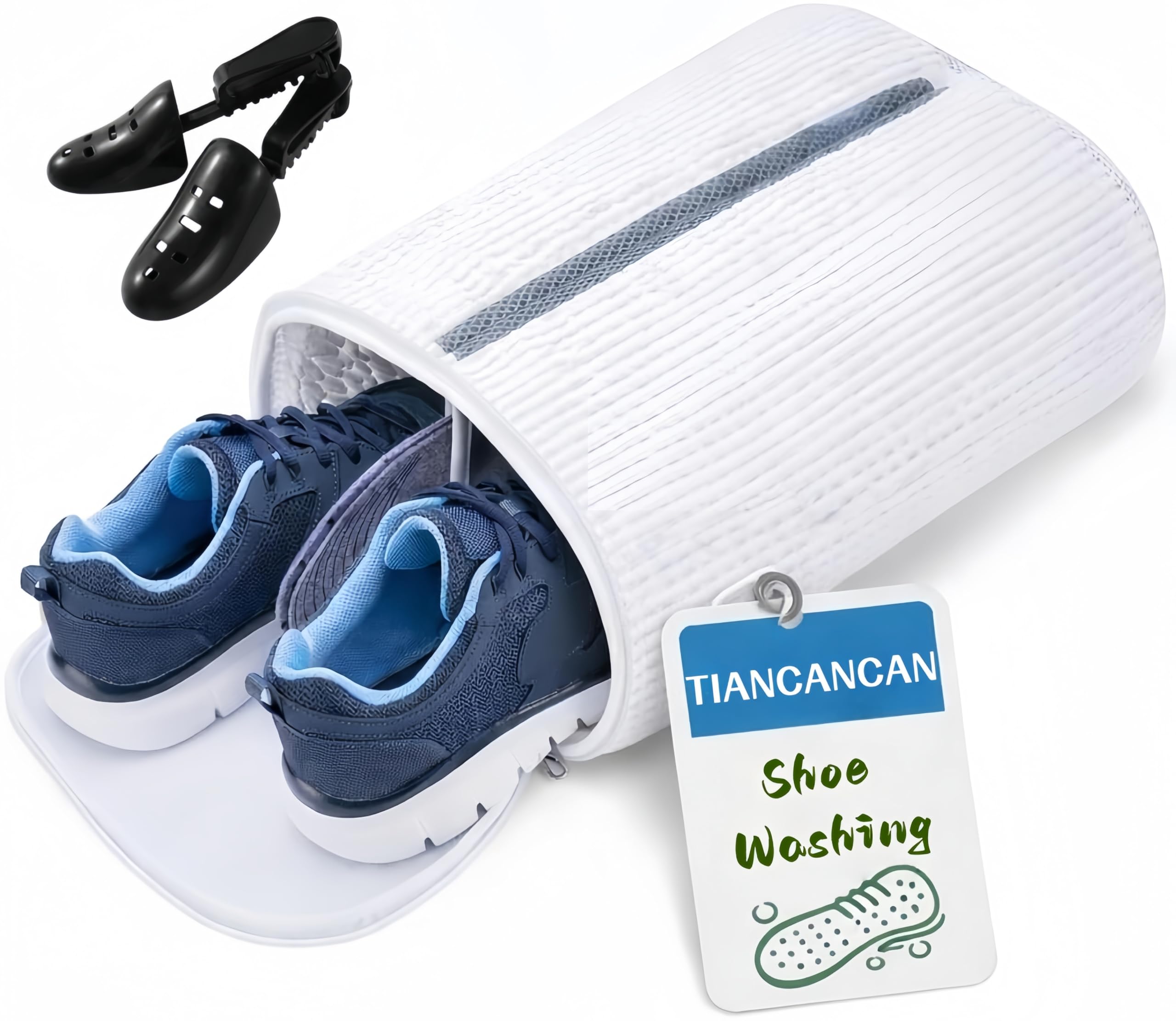 Shoe Washing Machine Bag 2Pcs, Fluffy Fibers Keep 360° Wrap-around Cleaning, Durable Trainer Washing Machine Bag with Hidden Zipper Reusable for Sneakers, Clothing, Dolls (A-WHITE)