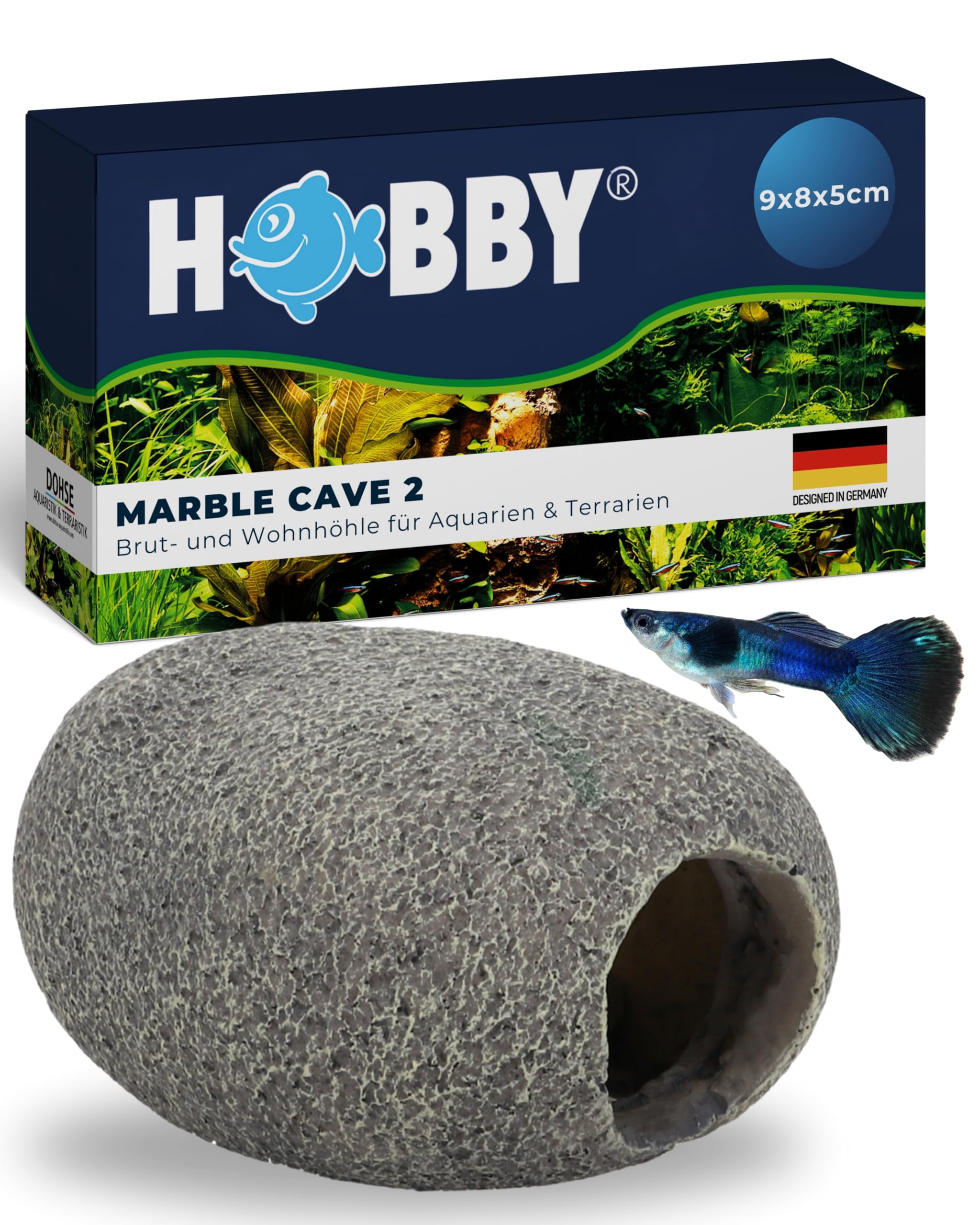HOBBY Aquaristik Marble Cave 2 I 9 x 8 x 5 cm I Wohn- & Bruthöhle aus Kunstharz für Zwergbuntbarsche, Welse & Garnelen I Deko Höhle für Aquarienbewohner I Rückzugsort & Laichplatz