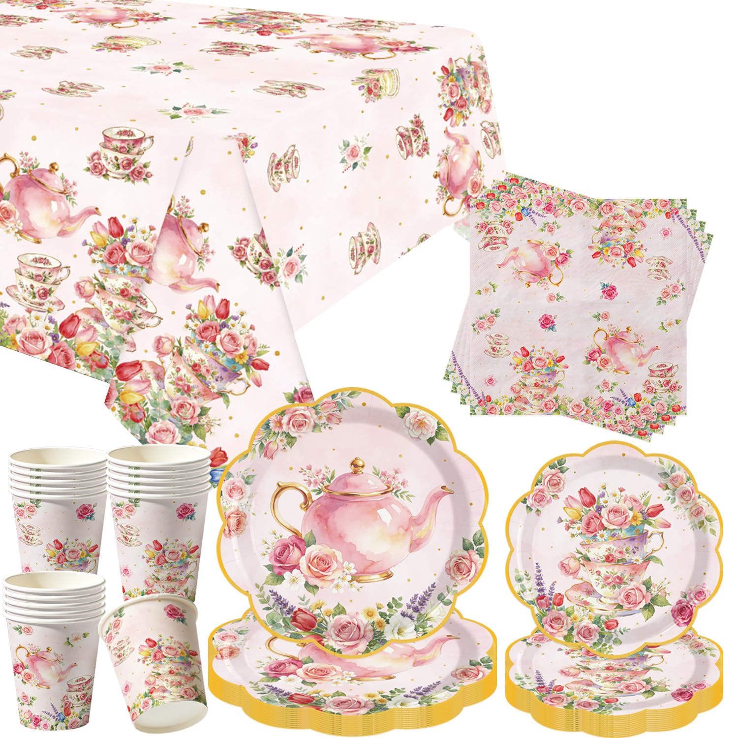 Afternoon Tea Party Decorations Floral Tea Tableware with Floral Paper Plates Straws Napkins Cups Tablecover for Birthday Spring Flower Bridal Wedding Supplies