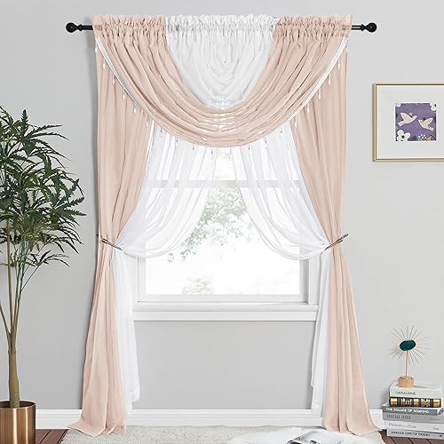 NICETOWN Cortinas traslúcidas para ventana, elegantes 4 paneles de gasa con 2 cenefas adjuntas todo en uno para dormitoriosala de estar, cortinas
