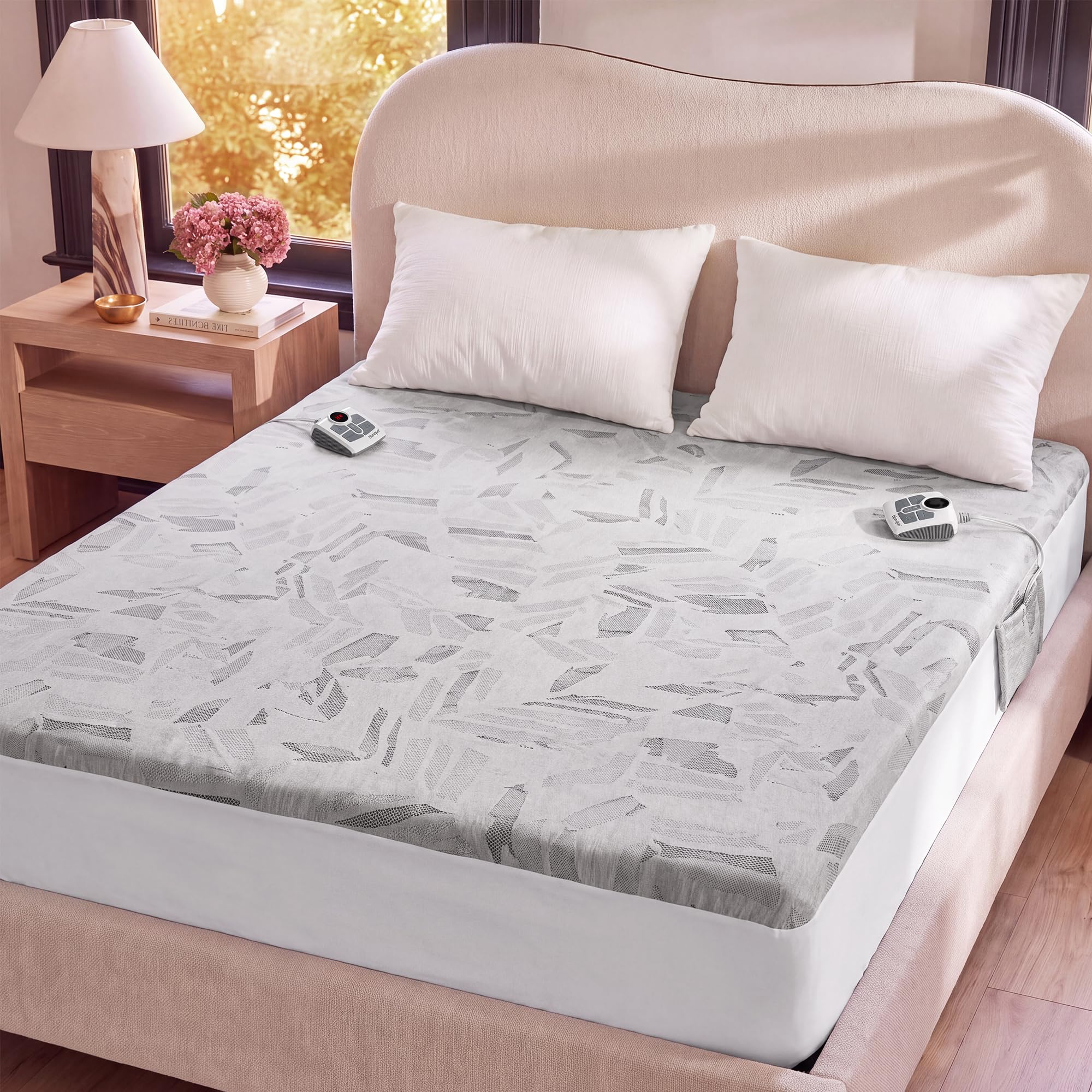 Heated Mattress Electric Pad Queen Size Dual Control Bed Warmer, Deep Pocket, Side Storage Pouch for Controller, Machine Washable, 3D Air Layer Fabric, 60"x80", Gray