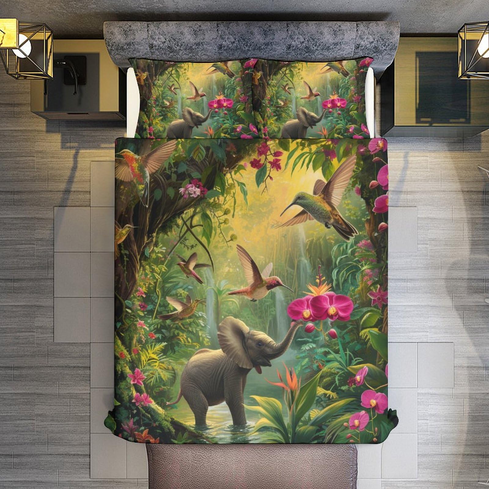 Lorolivier Jungle Scene Duvet Cover Sets Elephant Bird Comforter Cover Bedding 3 Pieces Luxury Quilt Cover with Pillowcases Soft Microfiber Bedclothes with Zipper,Double（200x200cm）