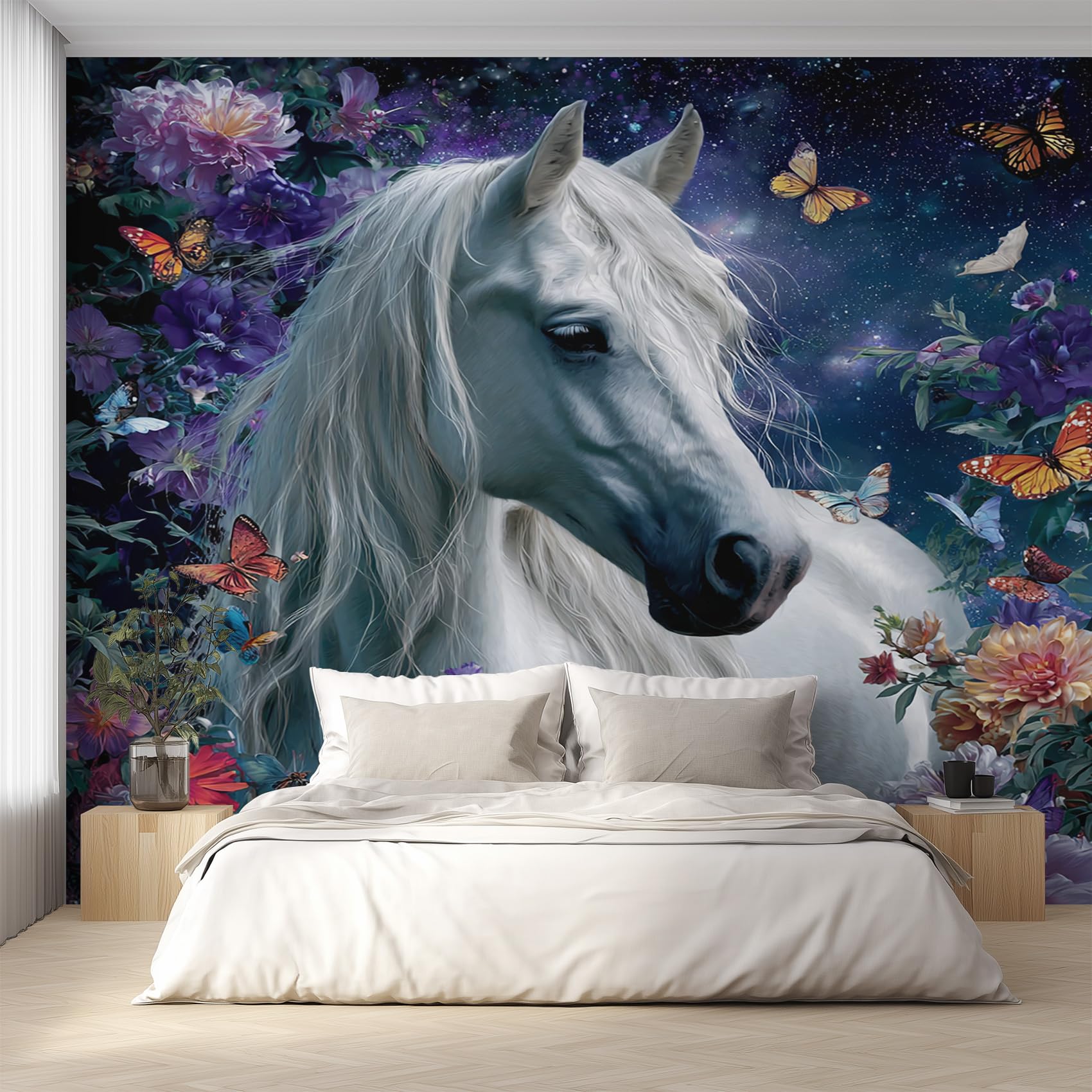 Papier peint panoramique cheval blanc et fleurs intissé L450 x H315 cm