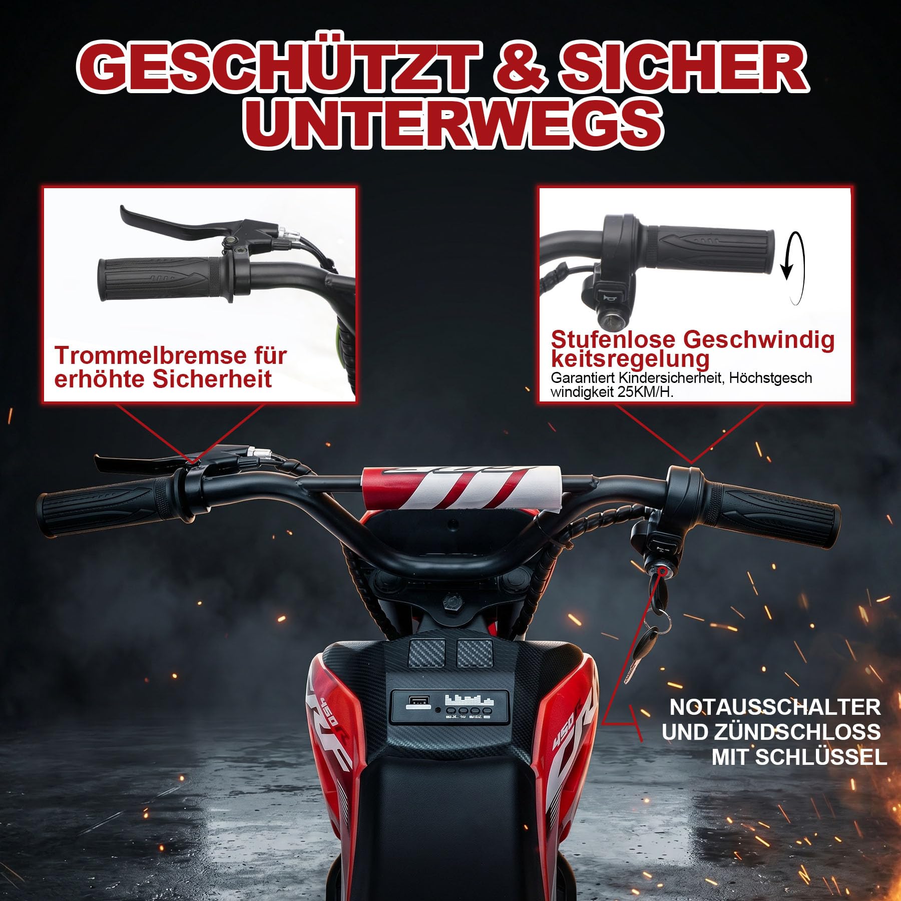Kinder Motorrad elektrisch, 24V Elektro Motorrad für Kinder mit 200W bürstenlosem Motor, Bluetooth & USB, 10–15 km/h, Kinder Motocross für Kinder bis 50 kg， rot