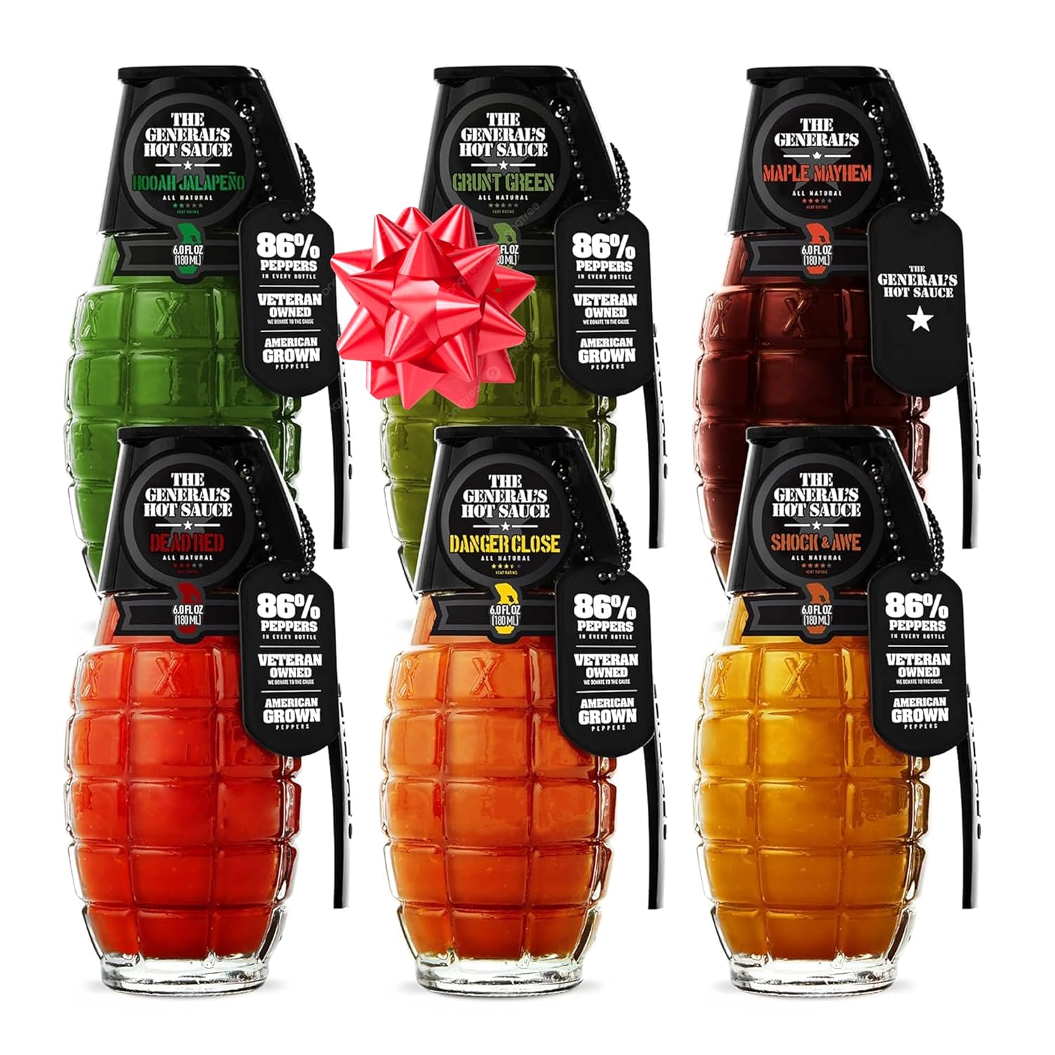 The Generals Hot Sauce Super 6 Hot Sauce Gift Set Variety with 5 Habanero, Cayenne or Jalapeno Pepper Hot Sauces & 1 Hot Maple Syrup - All-Natural, American Grown, Veteran-Owned, 6-Pack (6oz Bottles)