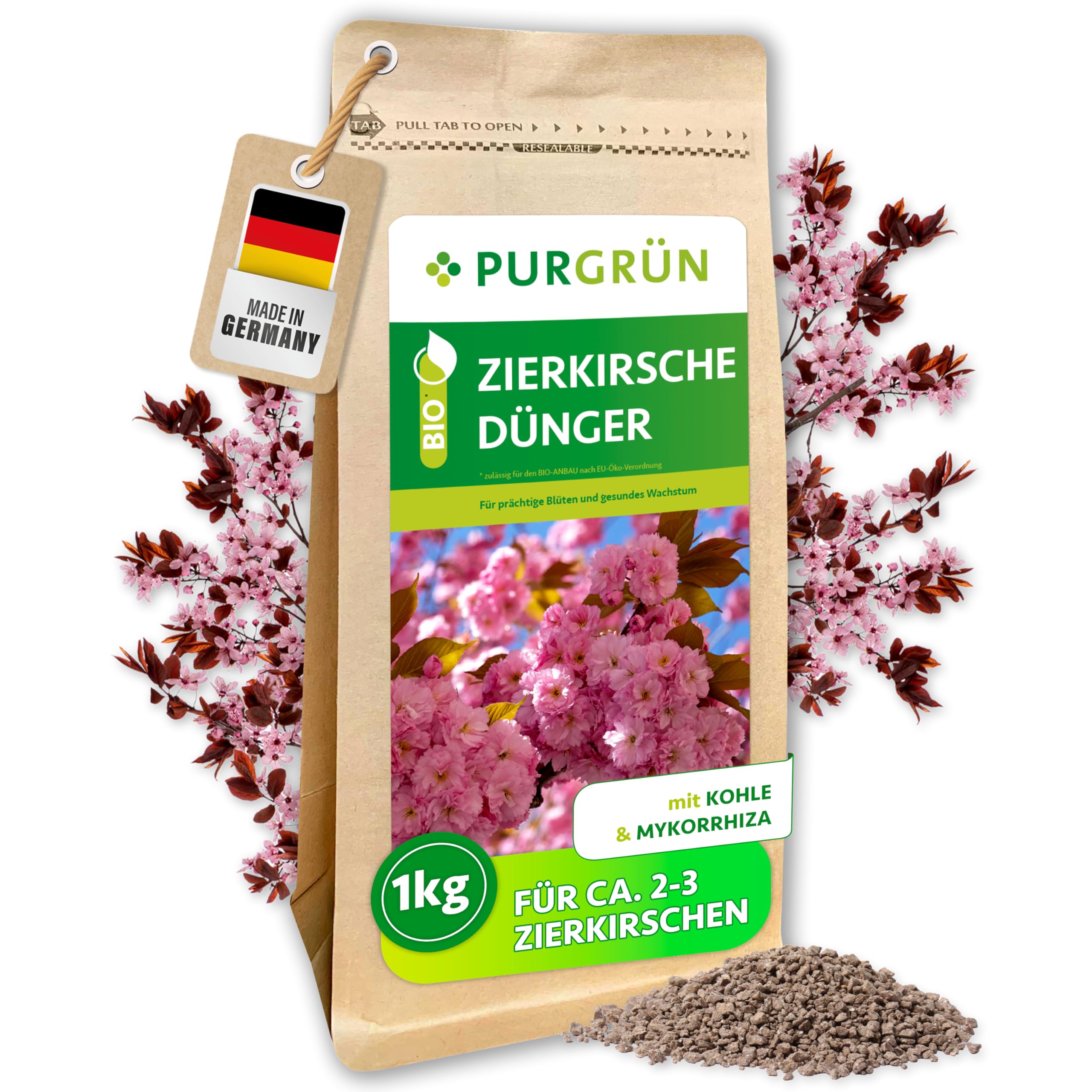 Bio-Zierkirsche-Dünger 1 kg – Organisch-mineralische Rezeptur – Feinkörniges Krümelgranulat – NPK 6+4+5 – Mit Magnesium für leuchtende Blüten – Verbessert die Bodenqualität