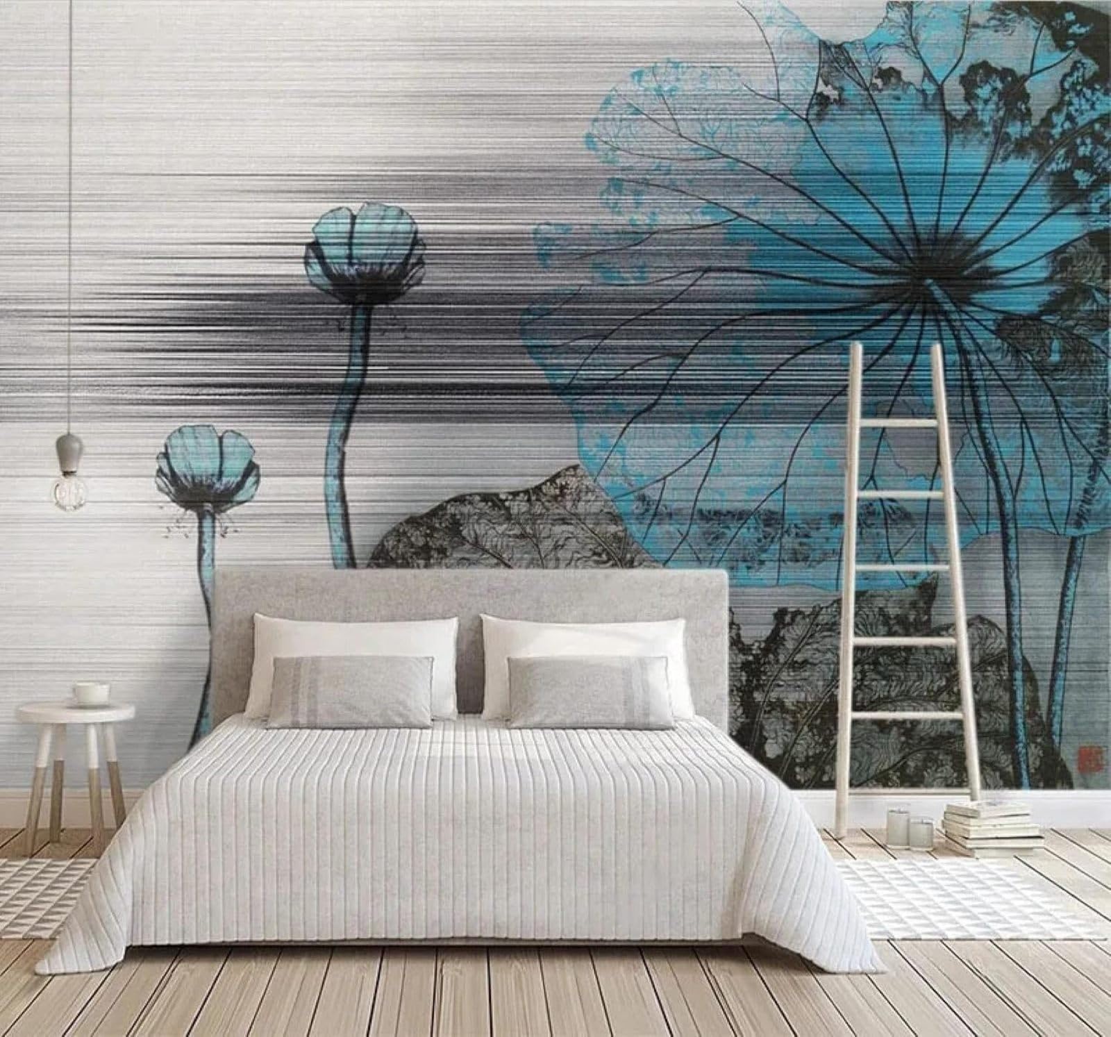 XLMING Retro Hand Drawn Ink Wash Blue Lotus Leaves 3D Wallpaper Luxury Home Dining Decor Paste Sofa Living Room The Wall for Bedroom Mural-250cm×170cm