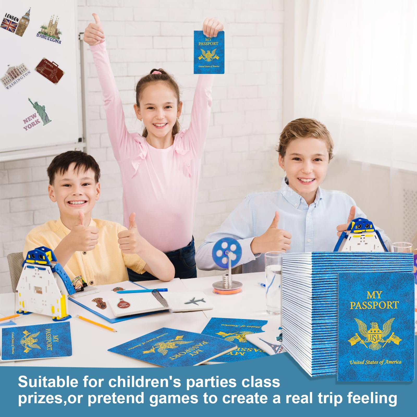 30 libri vuoti per passaporti, 300 pezzi, diario di viaggio, adesivi per passaporto, francobolli per bambini, passaporto falso per scuola, feste a tema, viaggi mondiali, fingere attività, bomboniere,