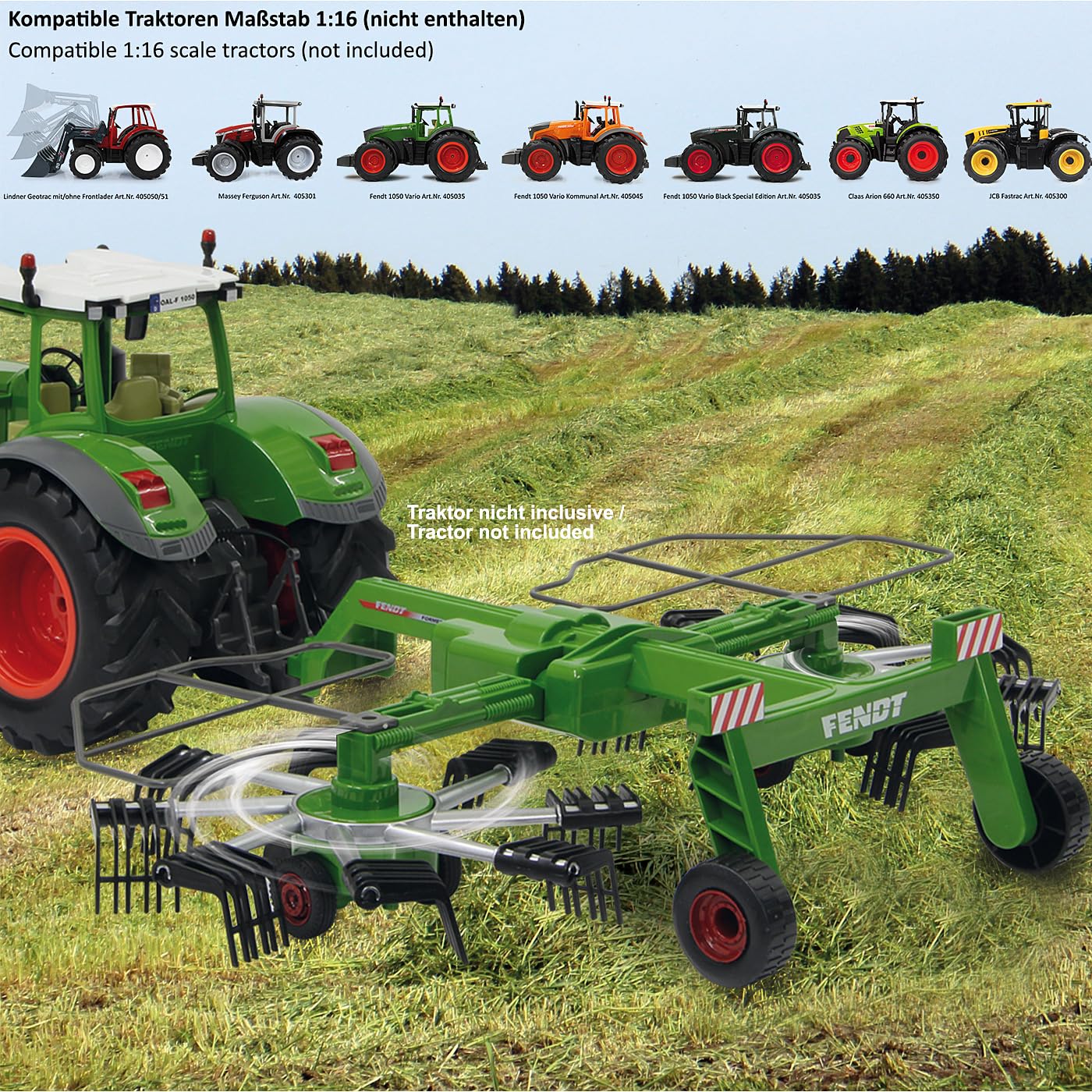 JAMARA 412589 – Fendt Rastrello Formatore – Denti rotanti Durante la Guida, Bracci mobili ribaltabili radiocontrollati, Gancio Anteriore del rimorchio