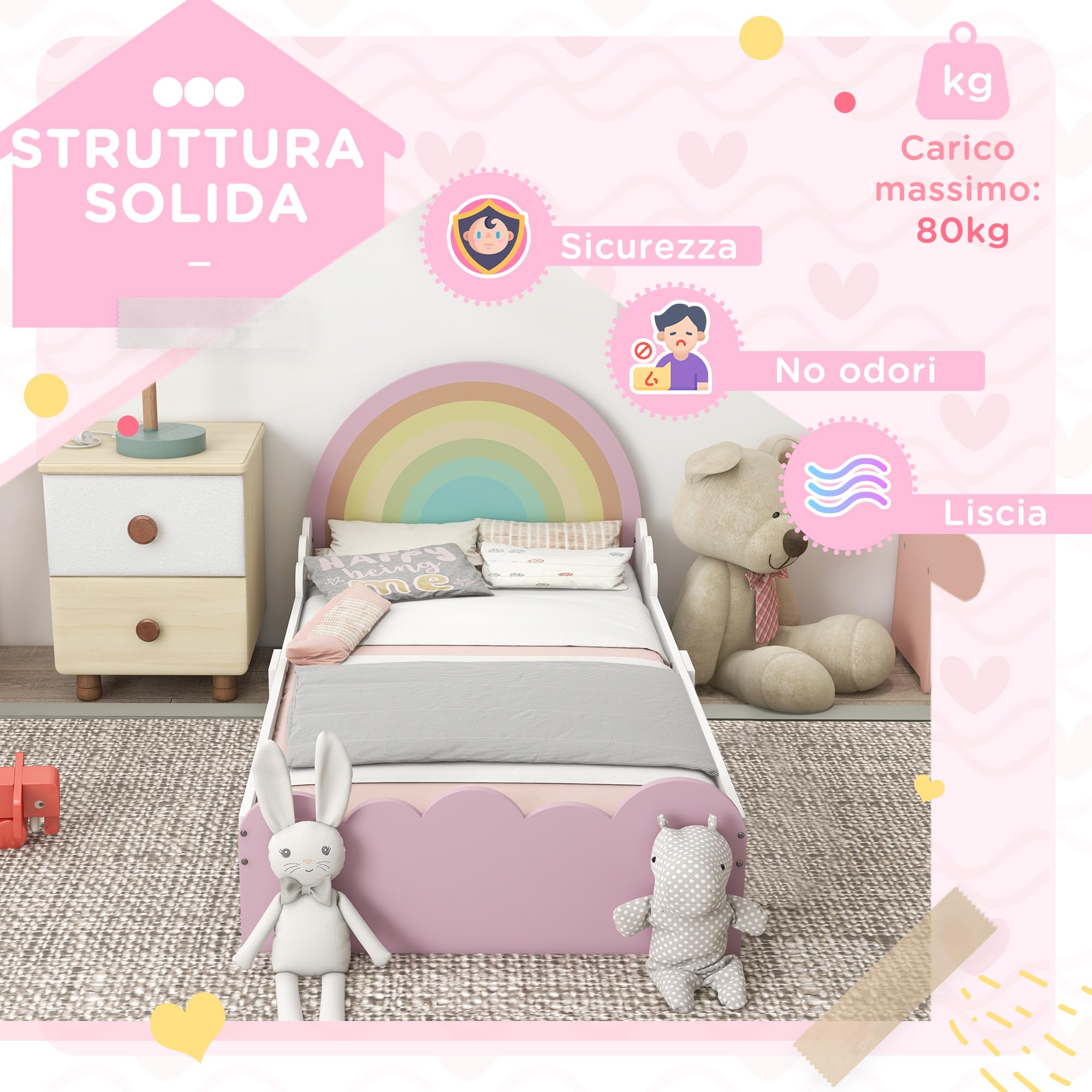ZONEKIZ Lettino per Bambini 3-6 Anni con Sponde Laterali Anticaduta, Letto Bambini in MDF e Pannelli Multistrato, 143x74x66 cm, Bianco e Rosa