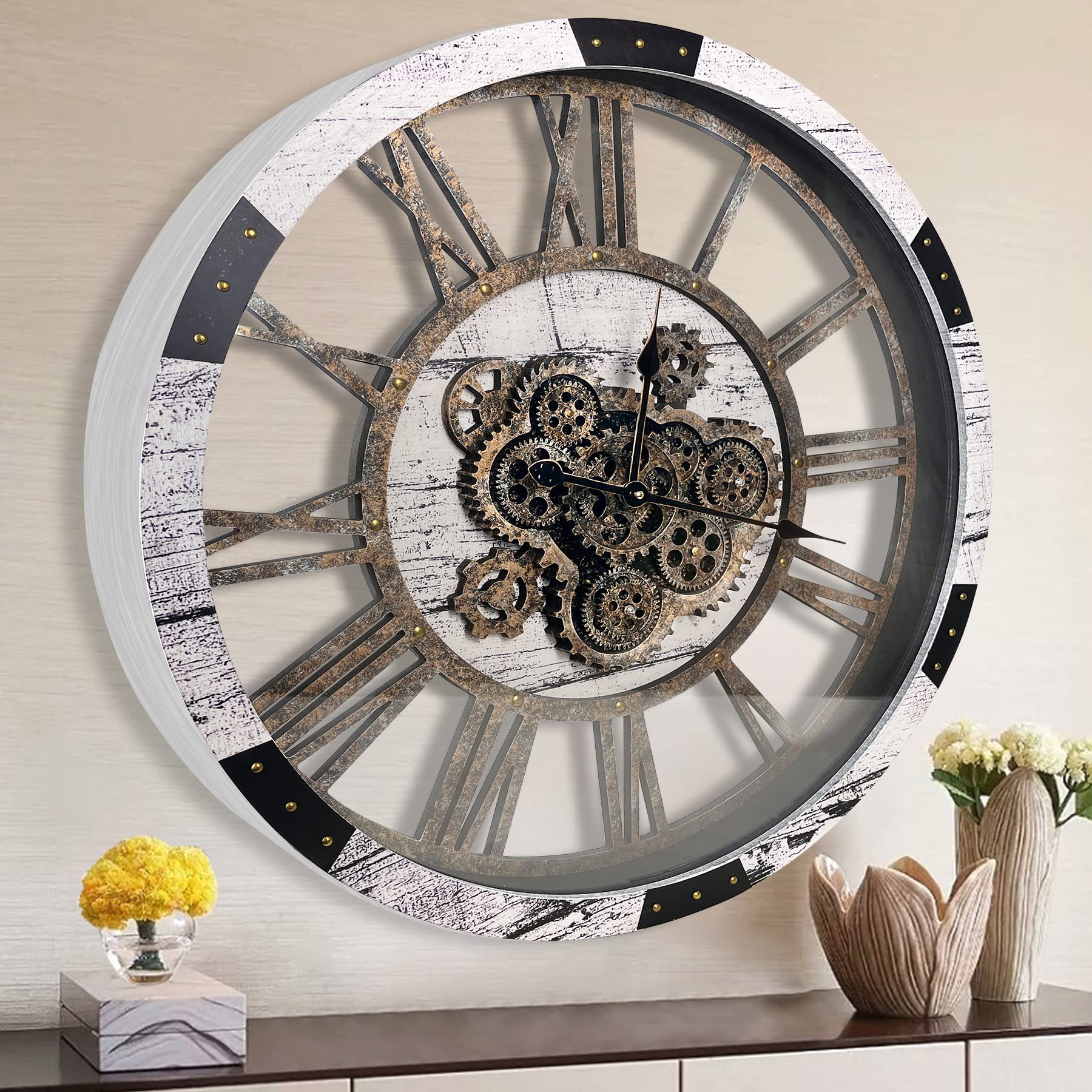 Moving Gear 18 Inch Moving Gear Wall Clock - Industrial Steampunk Design  With Working Gears Industrial Clock, image size:1800x1800