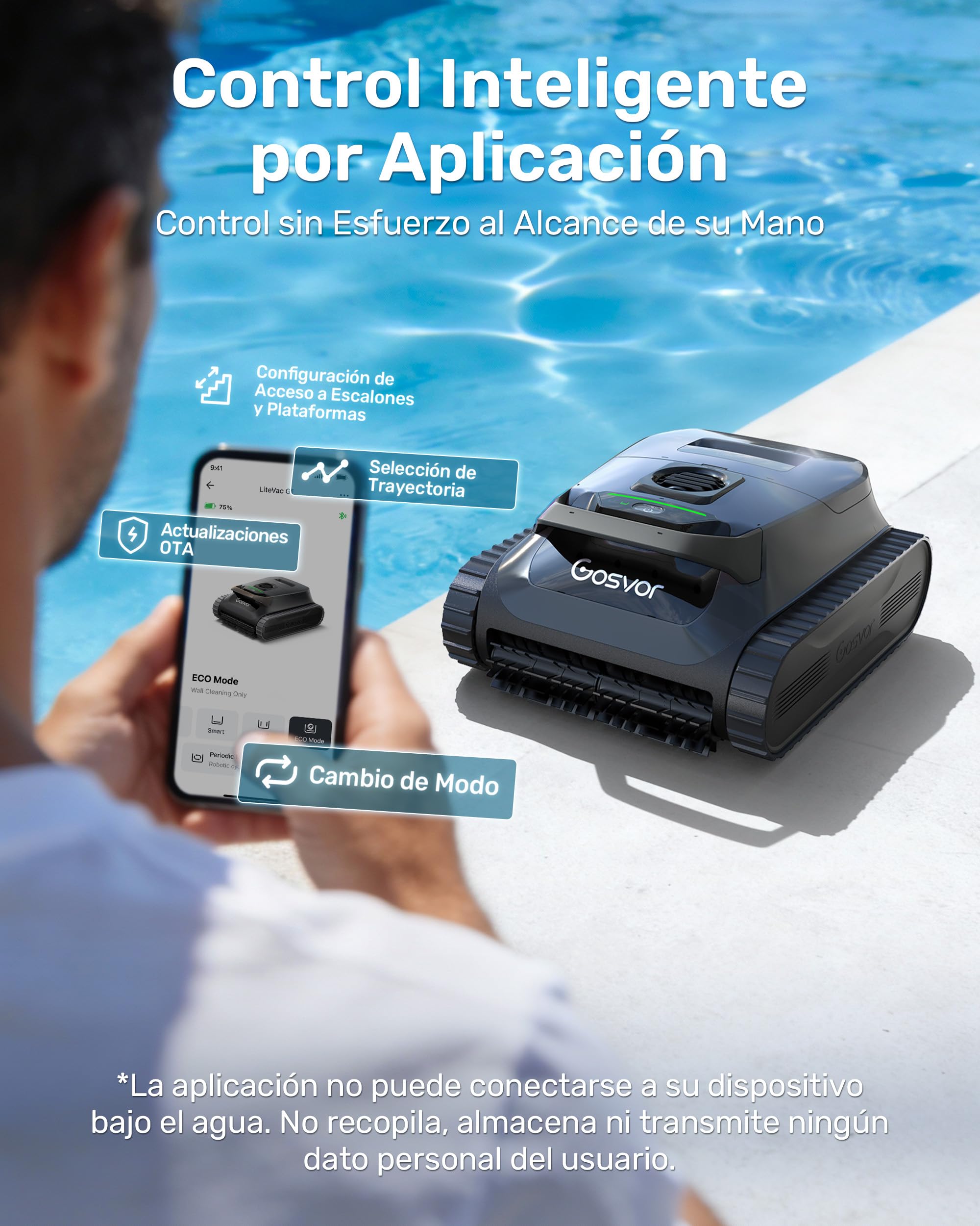 (Nuevo 2026) Gosvor LiteVac G1 Robot Limpiafondos Piscina,Paredes,Línea y Plataformas,7kg,200min Autonomía,Doble Filtración,Navegación Inteligente y App,200m²,Gris