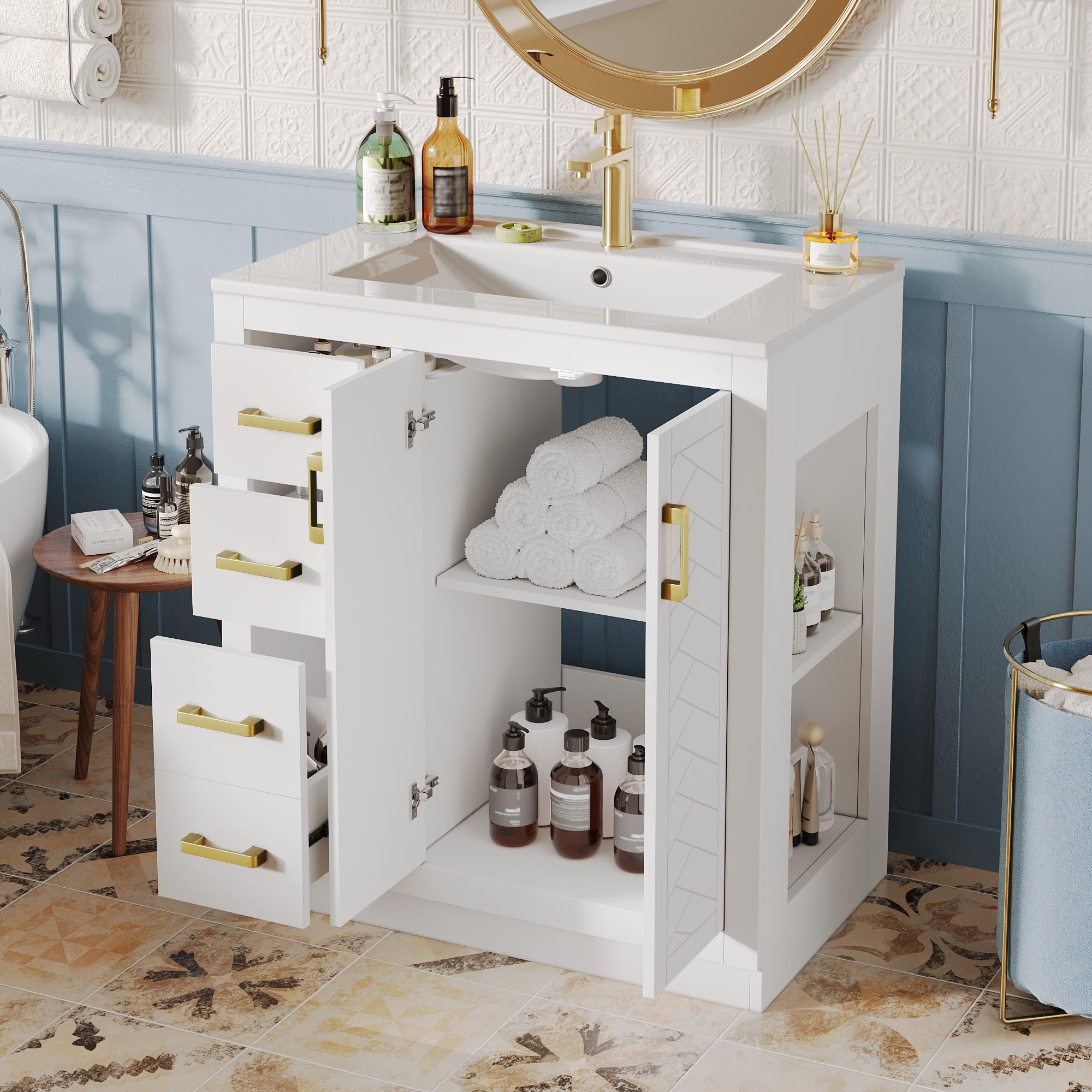 Mobile sottolavabo, 76,5 × 46,5 × 84,5 cm con 3 cassetti e ripiano laterale, armadio da bagno con molto spazio, cerniere e piscine in ceramica, colore: bianco