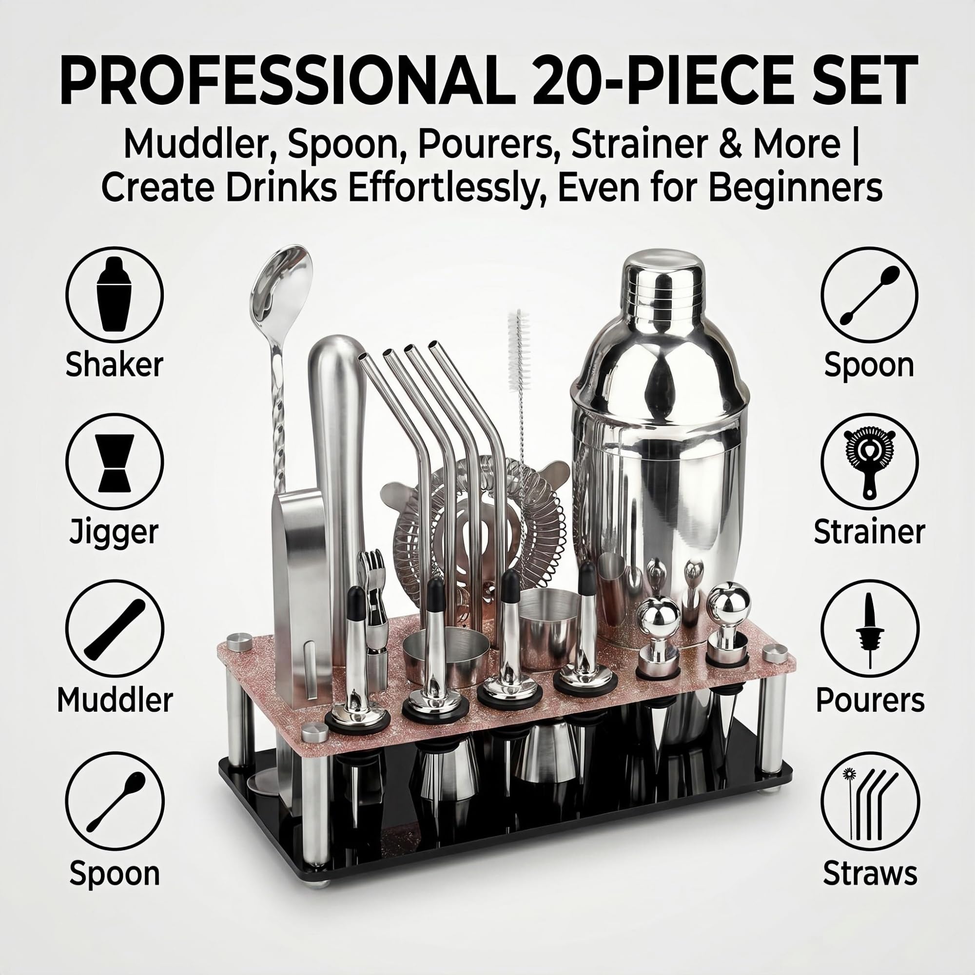 KINGROW Kit per preparare cocktail, 20 pezzi con supporto, argento 708,7 g